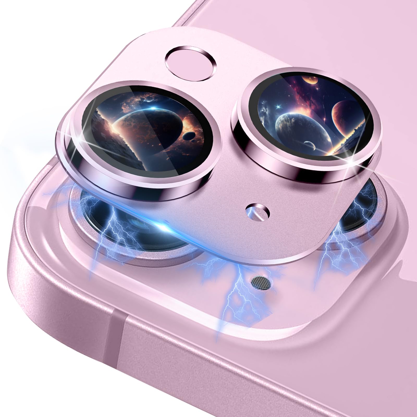 RoiYeel for iPhone 15 / iPhone 15 Plus Camera Lens Protector, Metal Camera Screen Protector Cover, Case Friendly, HD Tempered Glass,Drop Protection, Easy to Install-Pink