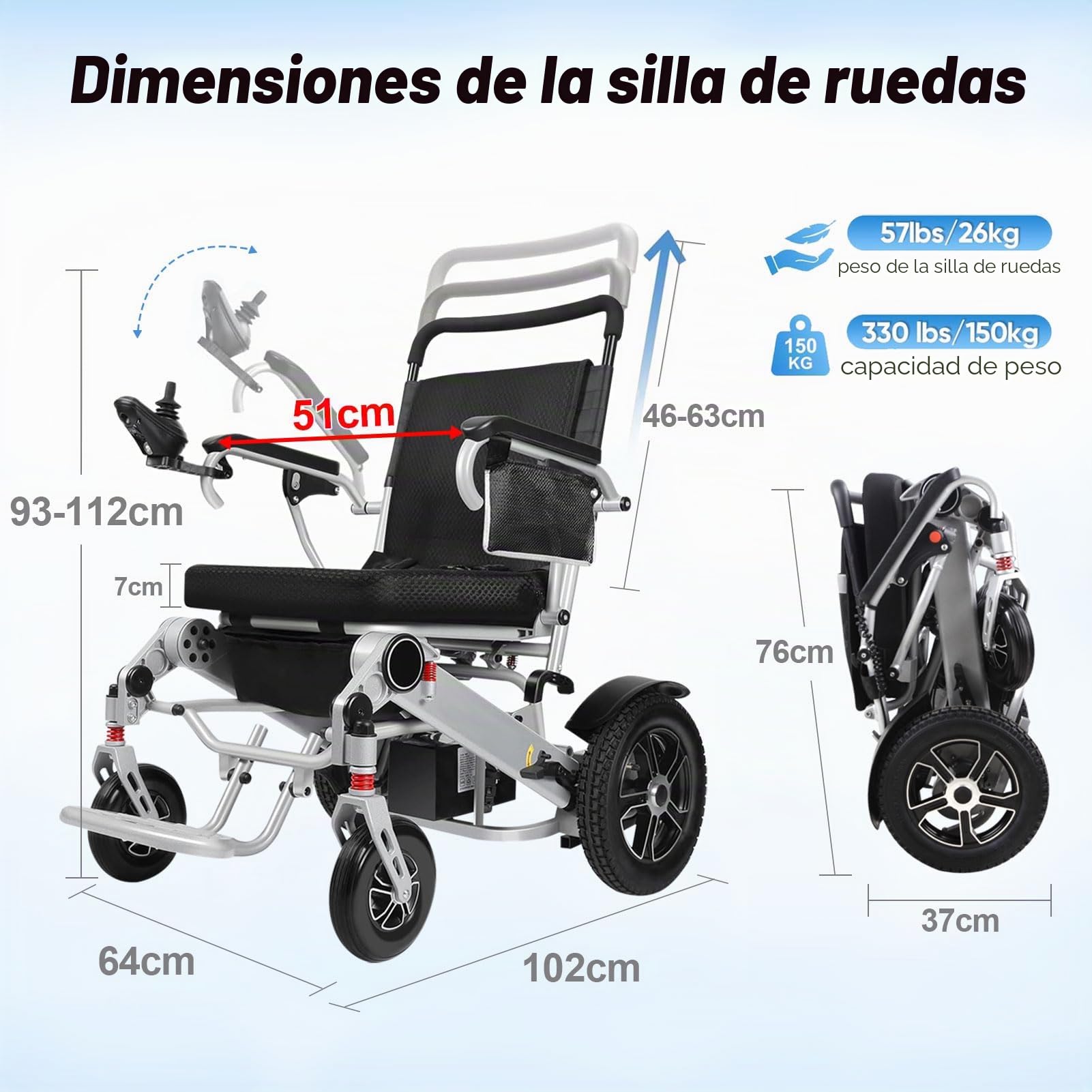 Silla de ruedas eléctrica plegable, divisible, 2 sillas de ruedas eléctricas de 12Ah para, con luz LED y funda protectora, 51 cm de ancho del asiento, silla de ruedas eléctrica plegable