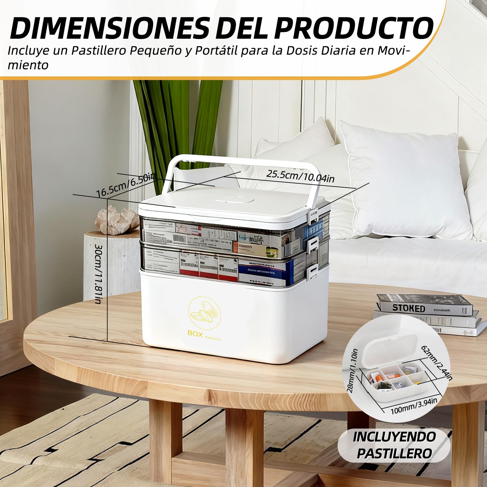 Caja de almacenamiento para medicamentos 3 pisos, gran botiquín doméstico con asa de transporte, organizador de pastillas plegable para hogar, viajes y oficina, 30x16x24cm, Blanco