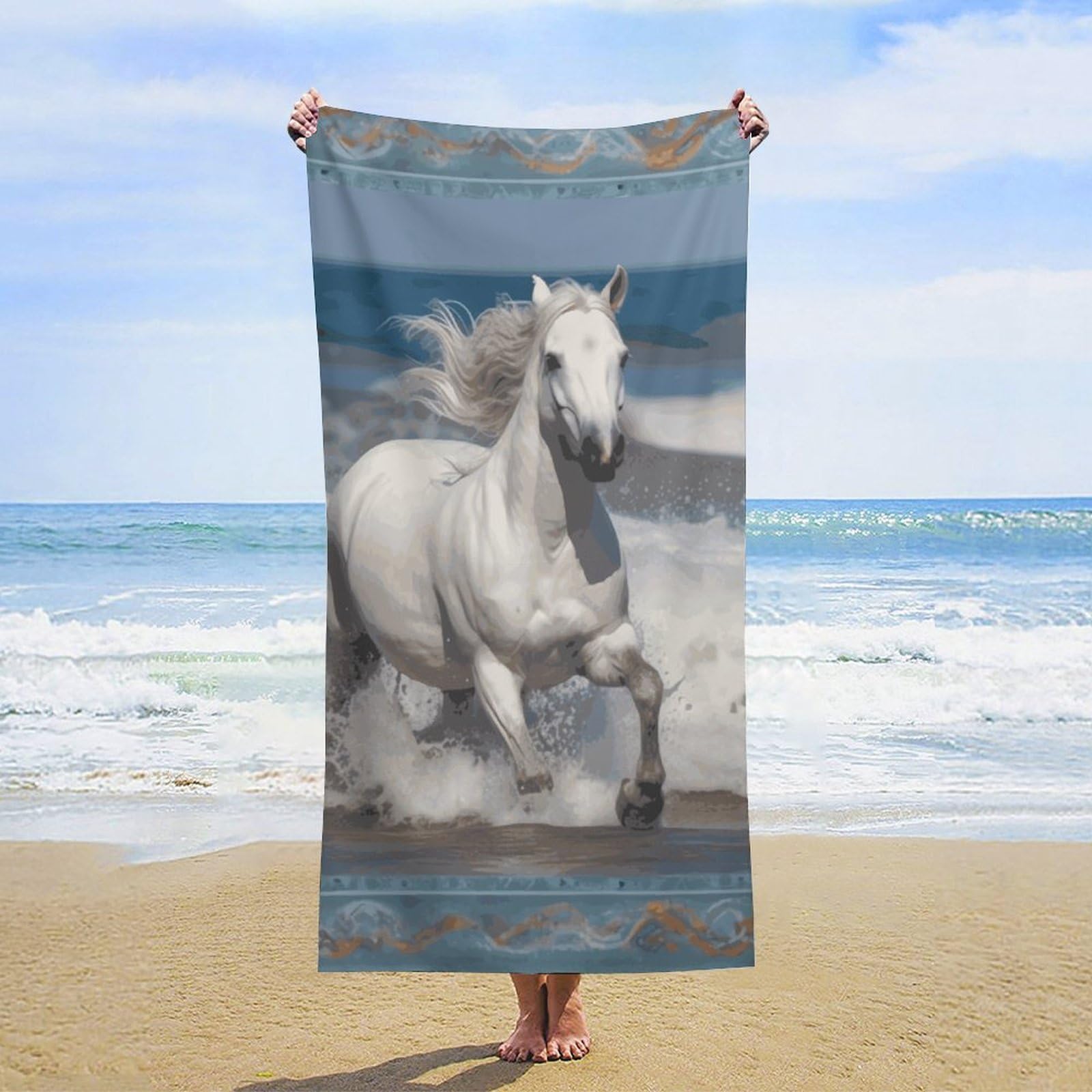 NTVOWPZO White Horse Running on The Sea Beach Towel Oversized Microfiber Bath Towels Lightweight Sand Proof Beach Towels Absorbent Pool Towels for Swimming Yoga Bathroom Towel 31.5" X 63"