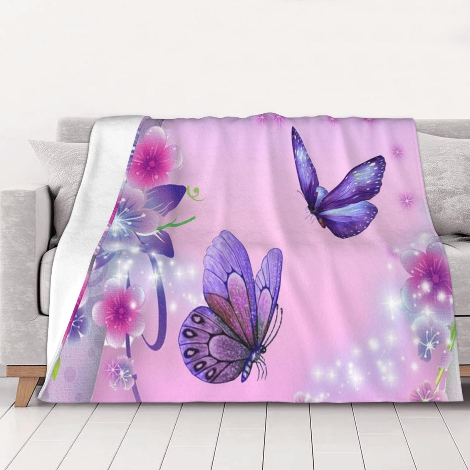 AUBKFELD Pink Butterfly Printed Flannel Blanket 200x150 CM, Soft & Warm Throw Blanket for Sofa/Couch/Bed/Car, Gifts for Audlts Women Men
