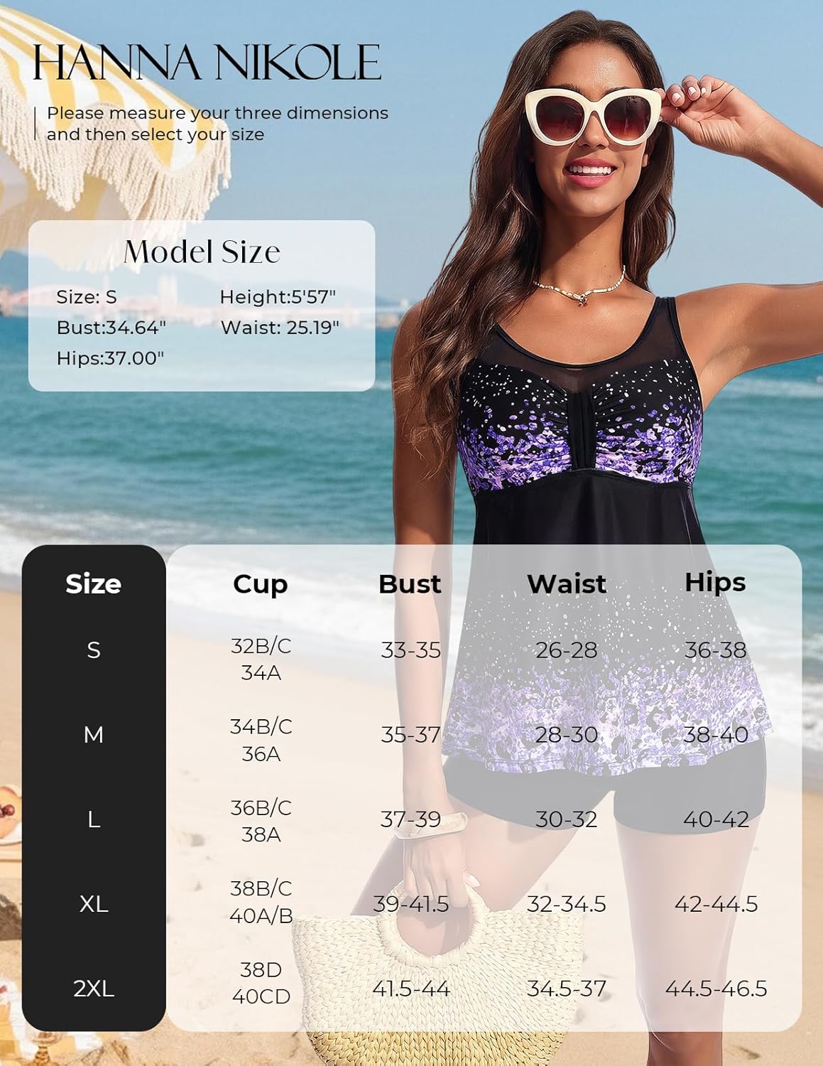 Hanna Nikole Women Two Piece Tankini Swimsuit Modest Bathing Suit Mesh Flowy Swim Top with Tummy Control Boy Shorts