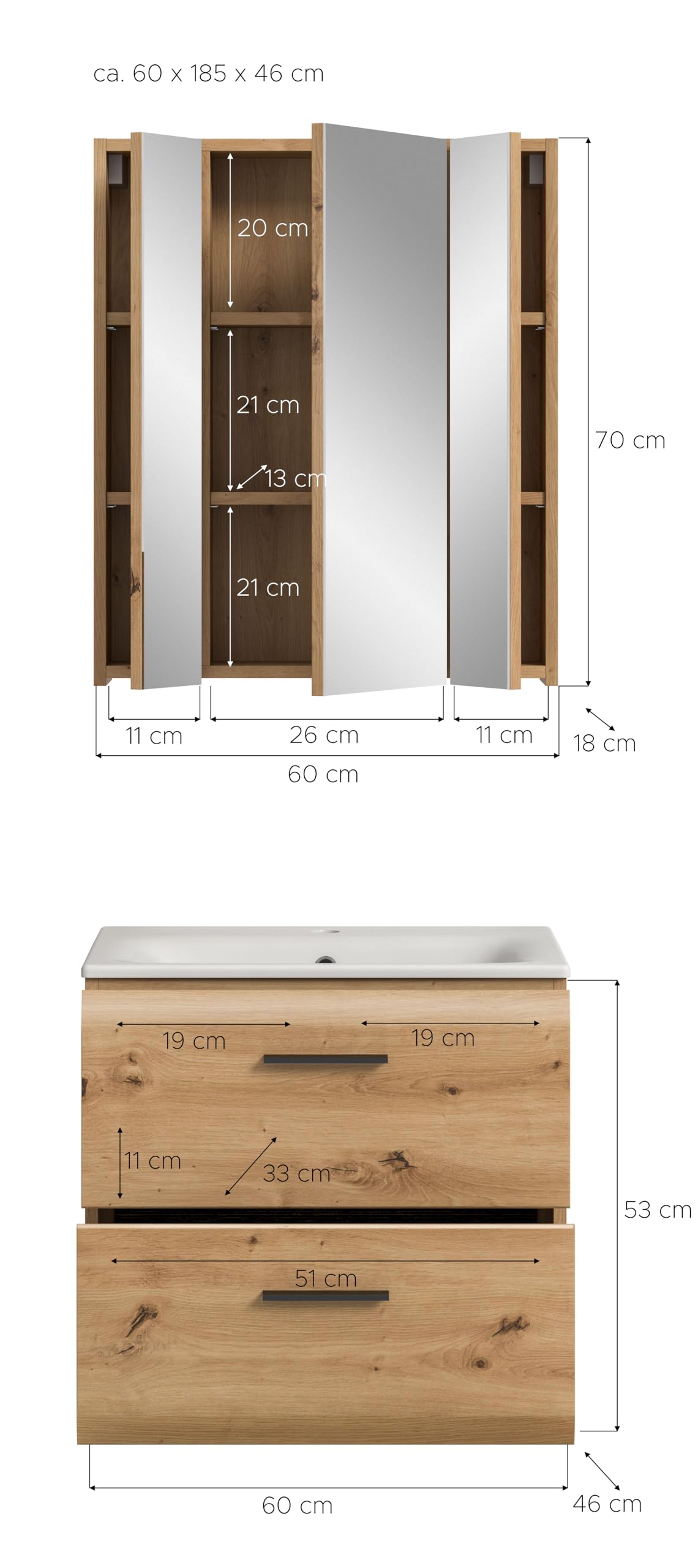 xonox.home – 2 TLG. Badezimmerkombination Ice 60x185x46 cm in Korpus und Front Artisan Oak Nachbildung – Hochwertige Badmöbel-Kombi – modern – Bild 4