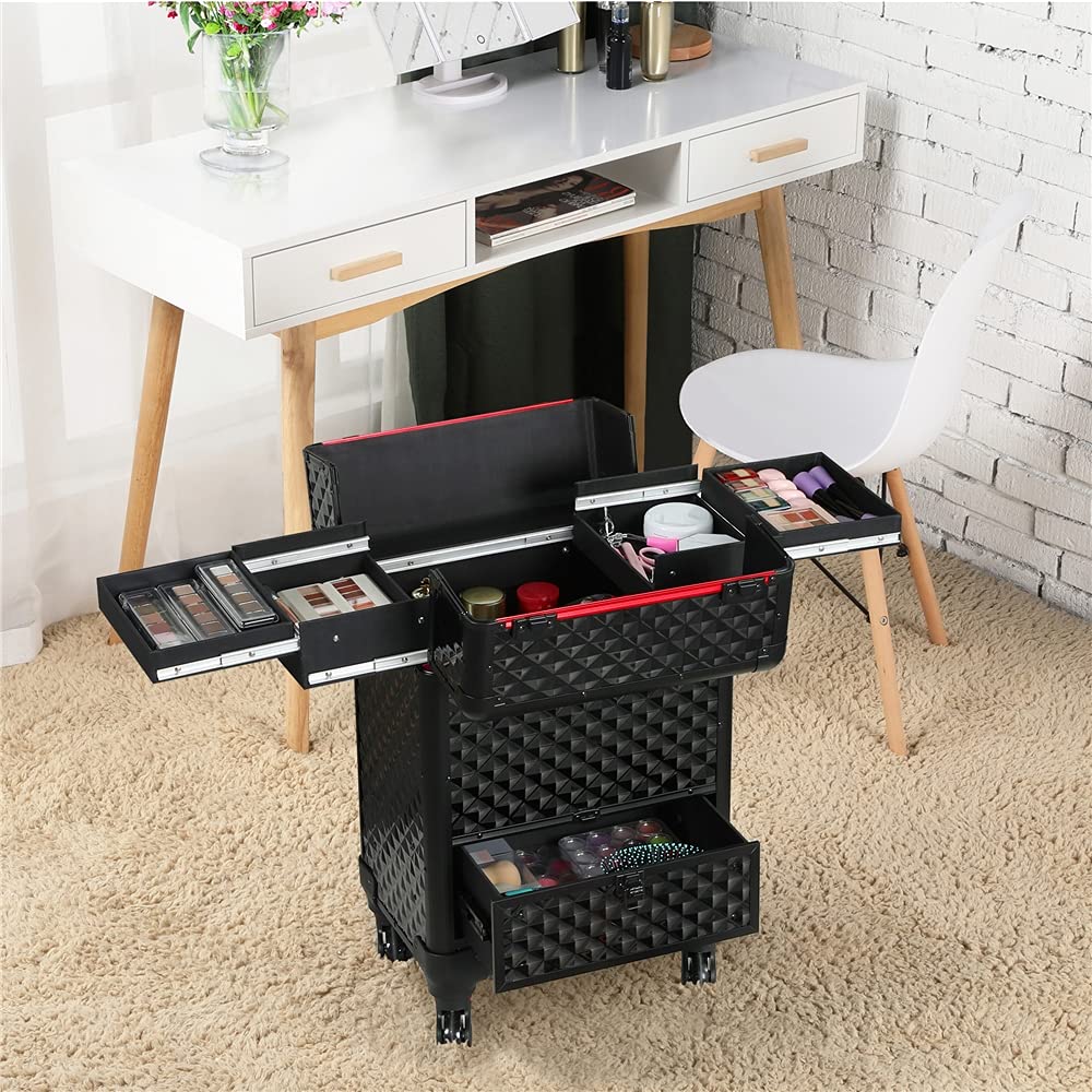 Yaheetech Maletin Maquillaje Profesional con Ruedas Desmontables Peluquería | Estuche Maquillaje para Cosméticos Manicura,34.3 x 24.2 x 55.5 cm,Color Negro