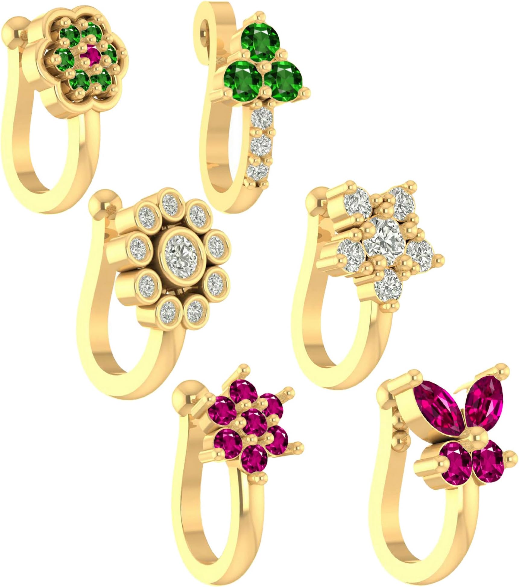FASHIONS 6 Pcs 18K Gold Plated Anti Tarnish Clip on Nose pin without Hole Non Piercing Pressing Type Nose ring Stud for Women & Girls