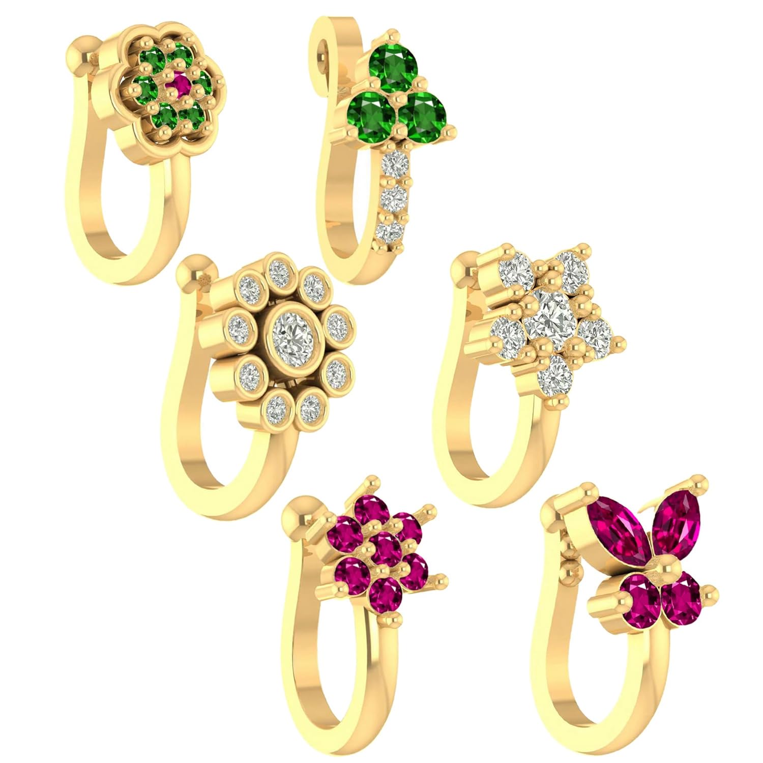 VAMA FASHIONS 6 Pcs 18K Gold Plated Anti Tarnish Clip on Nose pin without Hole Non Piercing Pressing Type Nose ring Stud for Women & Girls