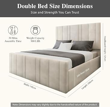 Verona Ottoman Bed Double 4ft6, Plush Velvet Gas Lift Double Beds Frame with Storage, Luxury Frame with Headboard, Space Saving Ottoman Bed for Stylish Bedrooms in Cream Plush