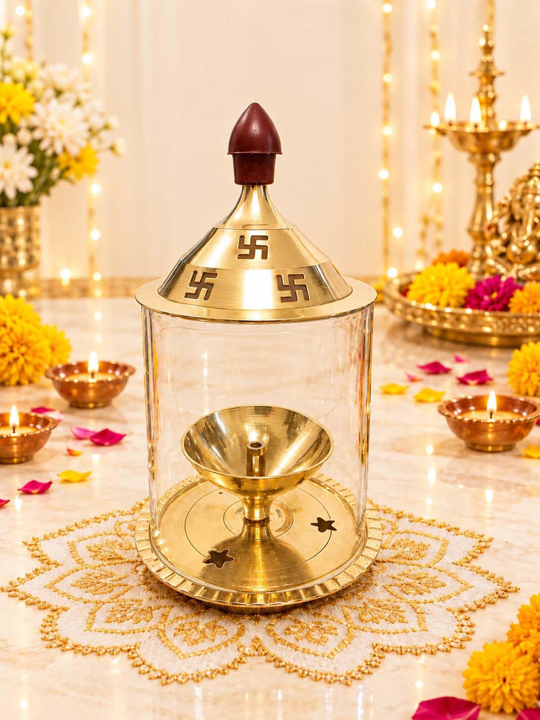 Heaven Decor Brass and Glass akhand deep Diya with Cover for Puja | Deepam Jyot Diya Oil Lamp | Pooja Articles and Pooja Items for Home Temple 4.8 inch 2