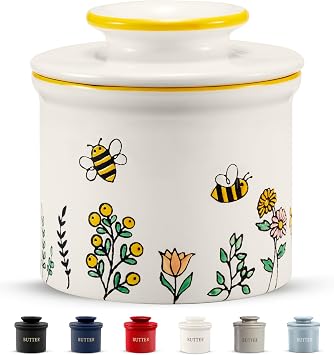 Kook Butter Keeper Dish, French Ceramic Crock with Lid, Embossed Container, For Soft Butter, Meadow