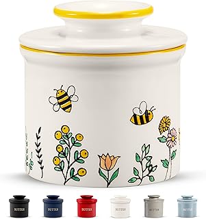 Butter Keeper Dish, French Ceramic Crock with Lid, Embossed Container, For Soft Butter, (Meadow)