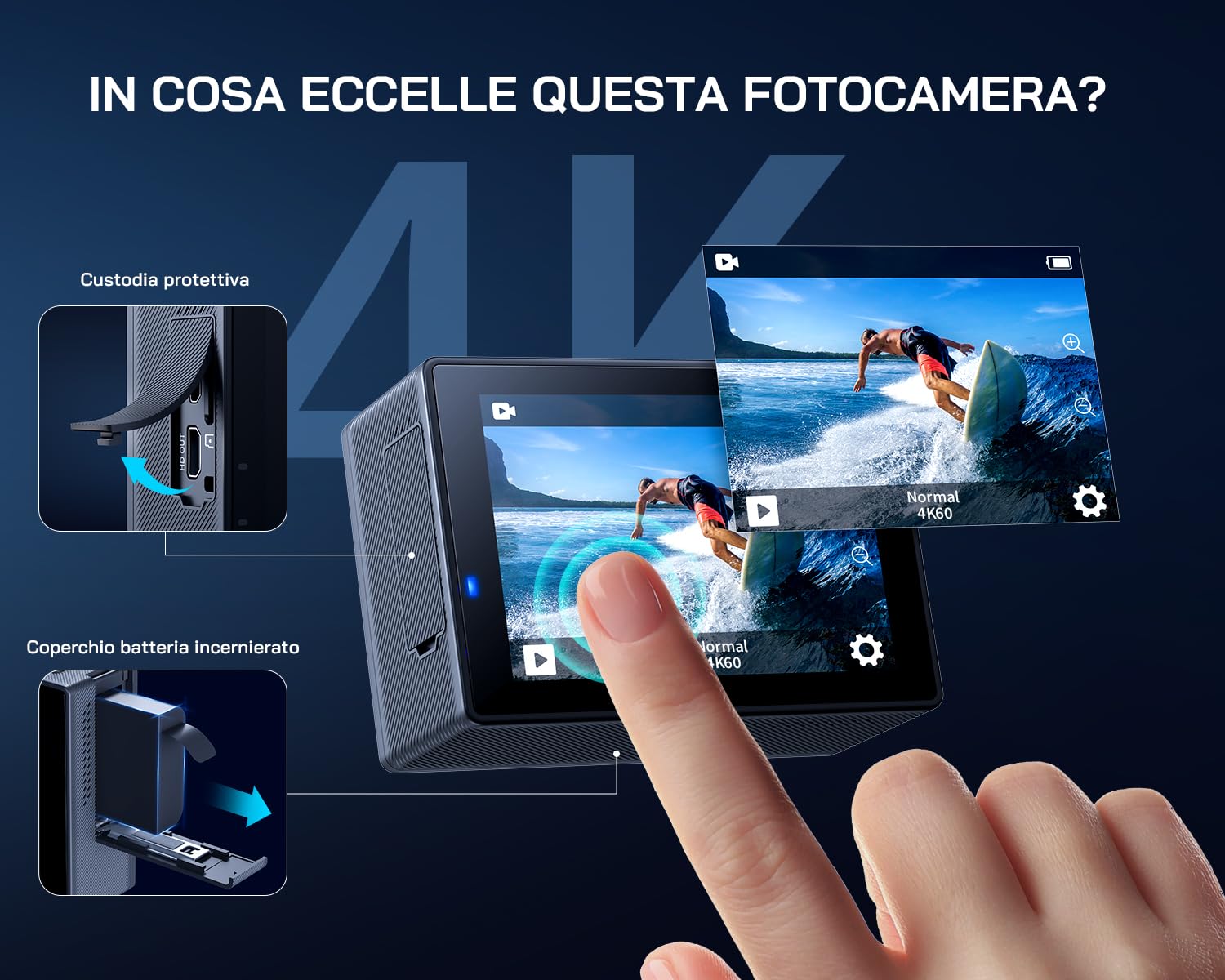 WOLFANG Action Cam GA300 4K 60FPS, 20MP WiFi EIS Action Camera con schermo tattile, 8X Zoom Fotocamera Impermeabile 40M Subacquea Videocamera, Mic Esterno, Telecomando 2x1350mAh Batterie e Accessori