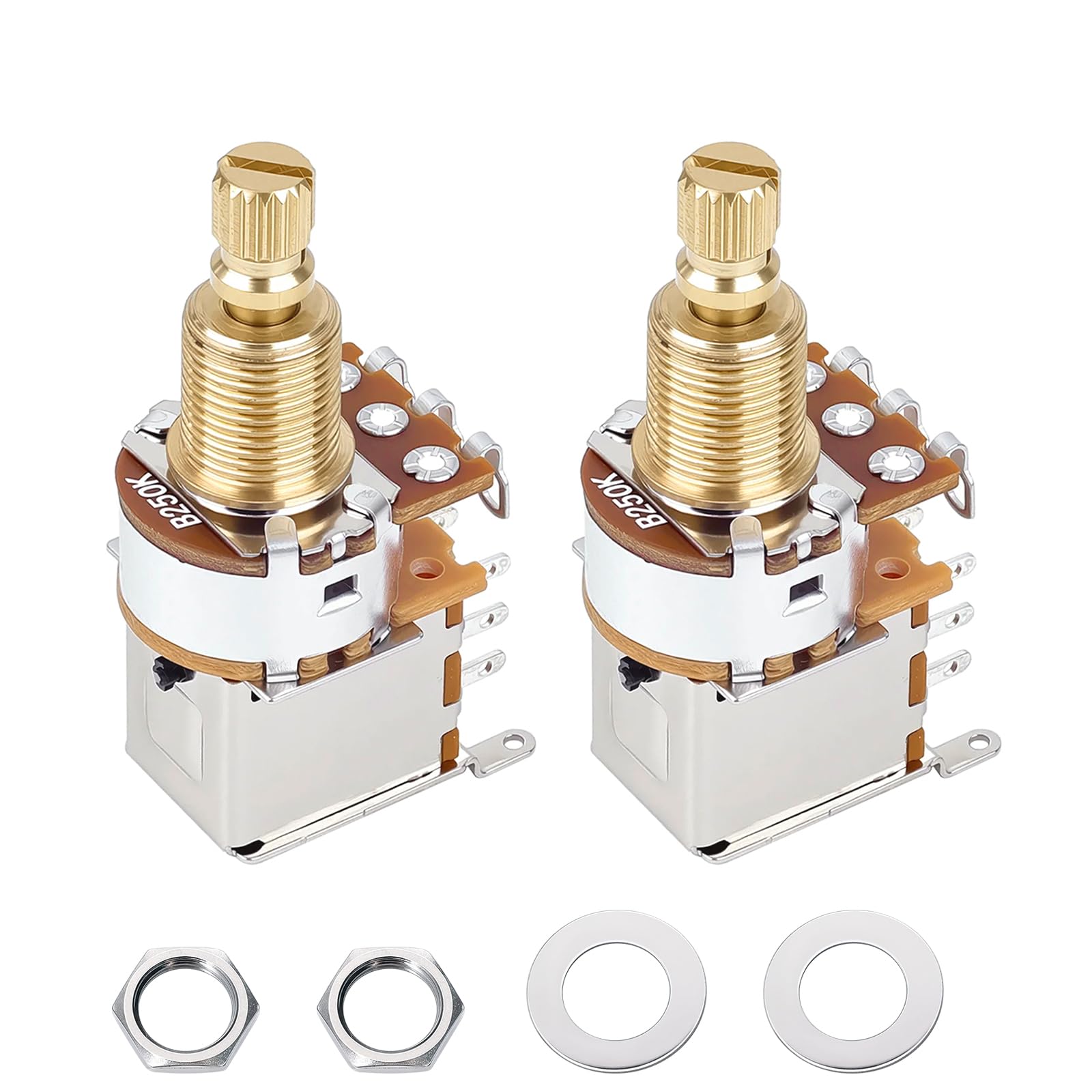 Banworks Full Brass 3/8" Thread Guitar Push Push Pots B250K 18-Spline Pots | 18mm Length Split Shaft Imperial Linear Taper Potentiometers for Fender Strat/Tele Gibson Les Paul LP/SG PRS 2Pcs JT/XNQ-07