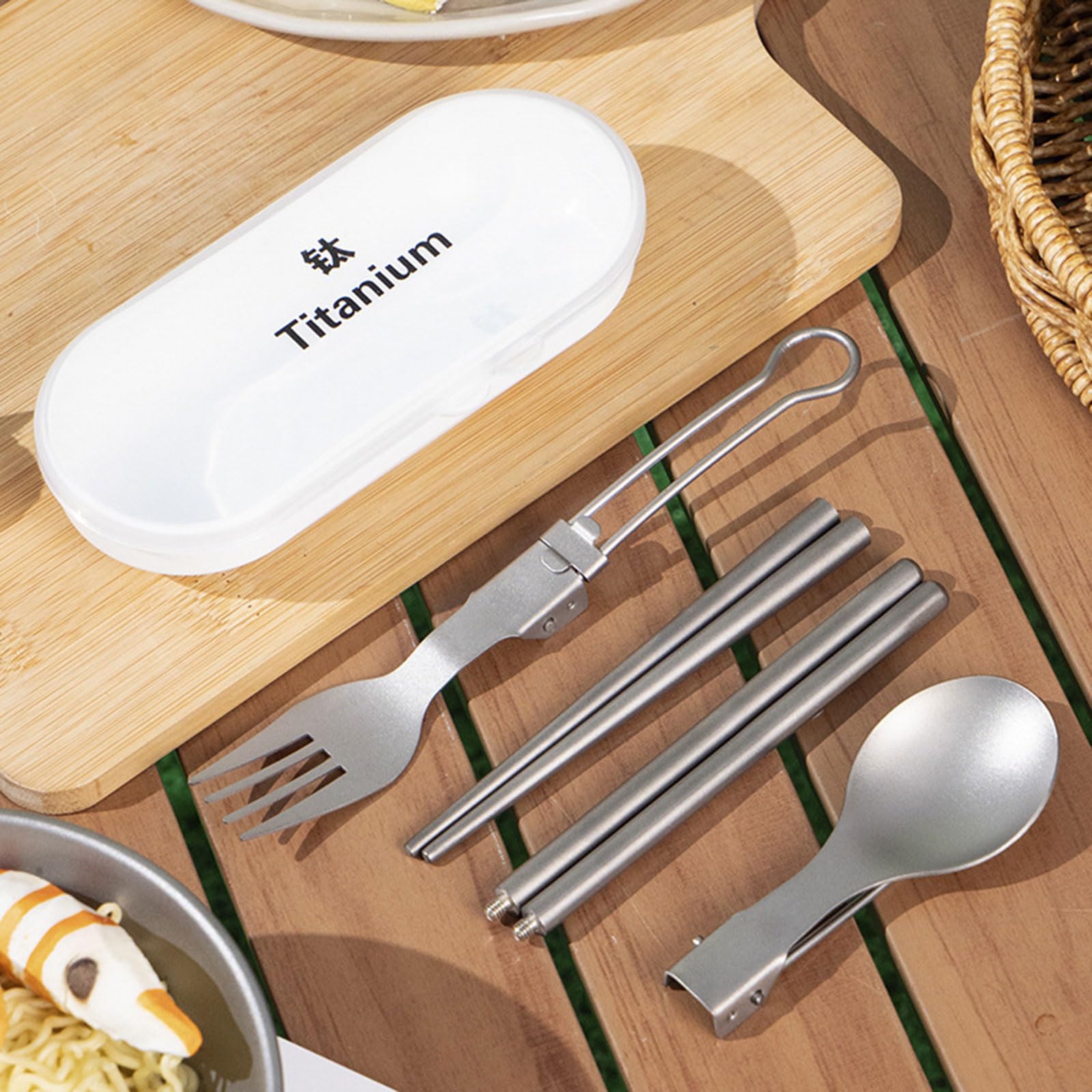 Set di posate da campeggio pieghevoli in metallo da viaggio, forchetta, cucchiaio, bacchette, utensili con scatola per picnic e escursionismo