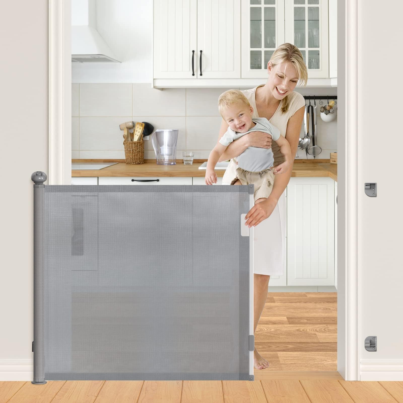 Retractable Baby Gates Extra Wide, PRObebi Retractable Dog Gate, Stair Gates for Kids or Pets Extends to 54" Wide 34" Tall, Indoor Safety Gates for Hallways, Stairs, Doorways, Outdoor (A-Grey-54 Inch)