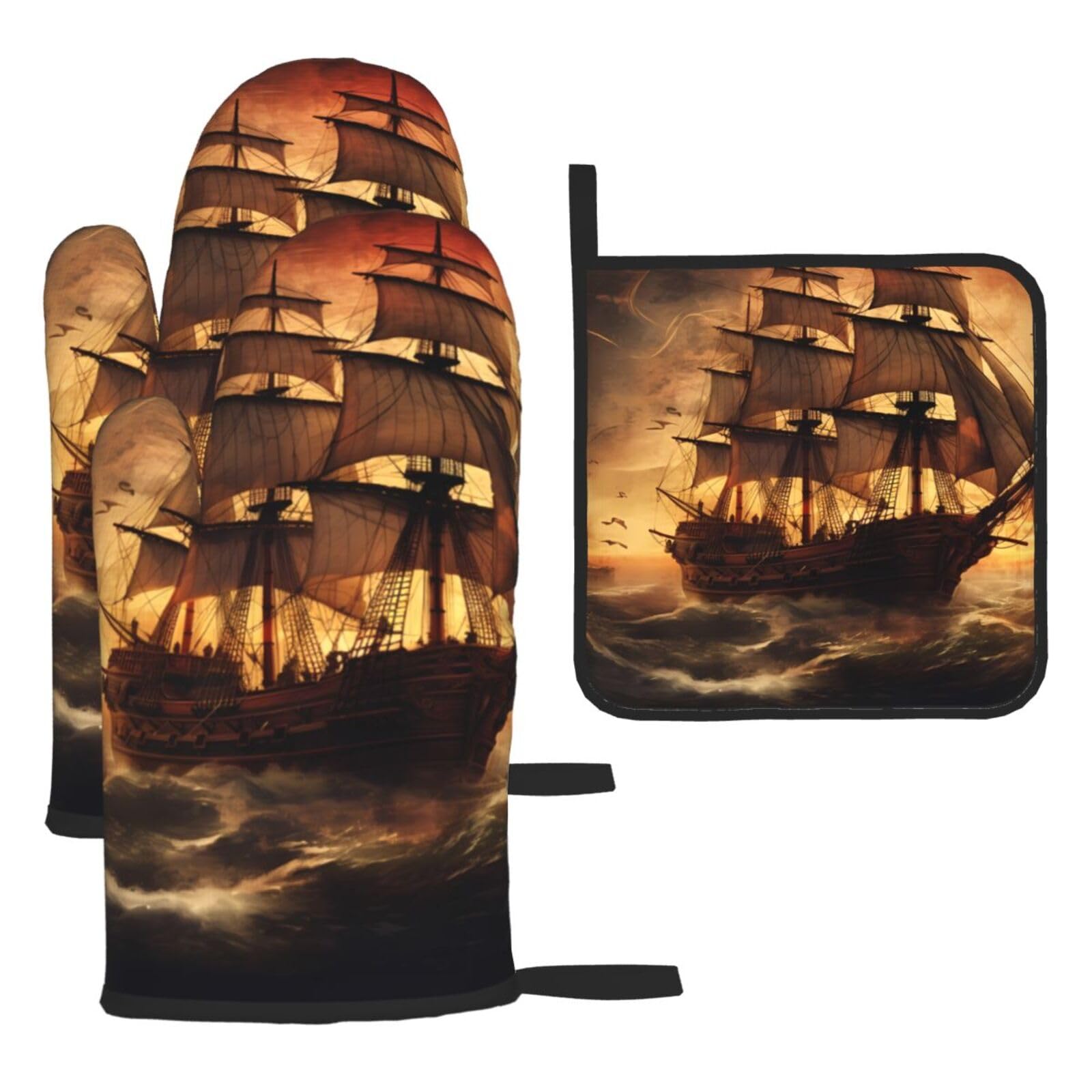Oven Mitts and Pot Holders Sets of 3 Nautical Sailing Pirate Theme Oven Mitts 3 Pcs Heat Resistant Non Slip Ovens Gloves Hot Pads Kitchen Gloves Potholders for Baking Cooking BBQ Grilling