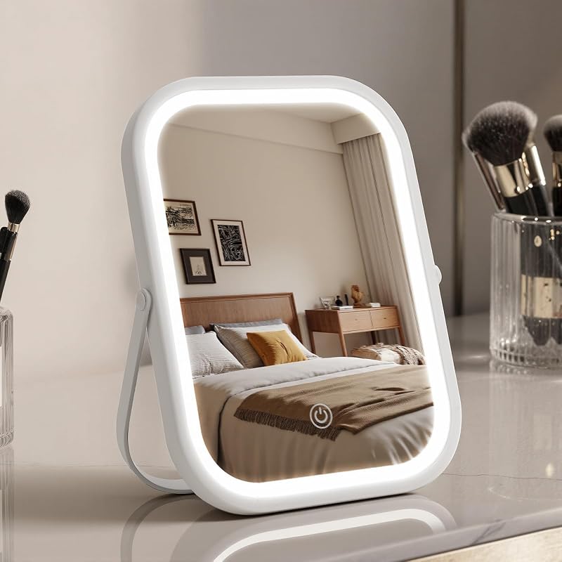 Espelho compacto de viagem Bearolve com iluminação, bateria 1500 mAh, 3 cores, rotação 360° e bolsa, branco