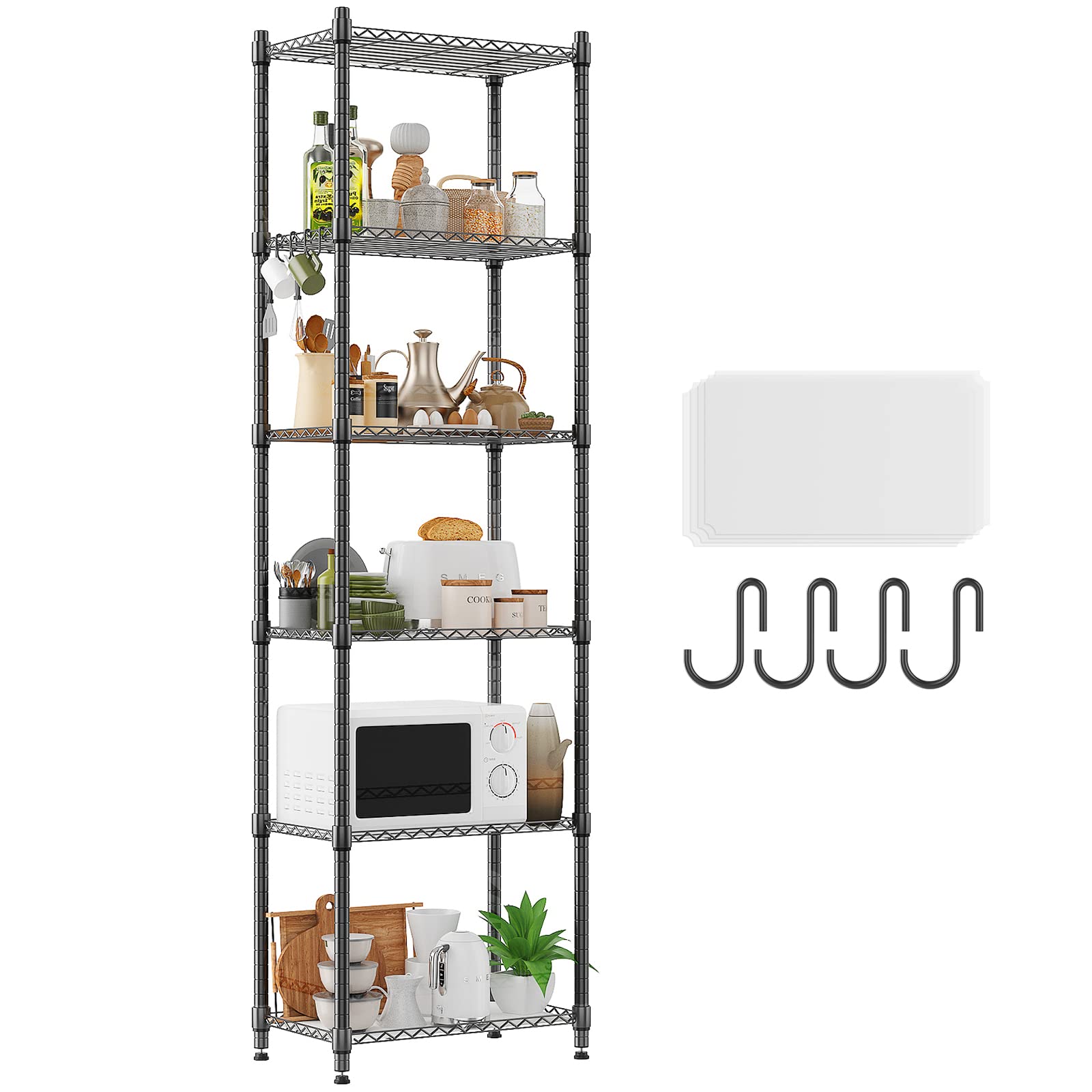 JEROAL Tier Wire Shelving Unit Adjustable Height Storage Shelf Display Rack with 4 S-Shaped Hooks Standing H eavy Duty Metal Shelving for Laundry Bathroom Kitchen (Black, 6 Tier)