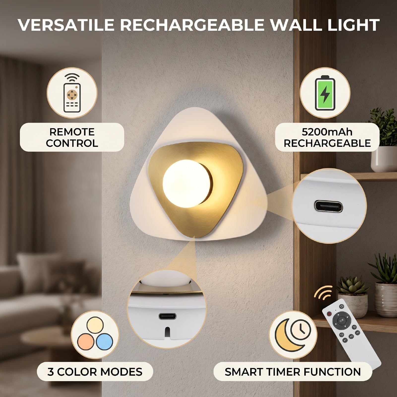 Sorandy Lámpara de Pared Recargable Inalámbrica para Dormitorio Sala de