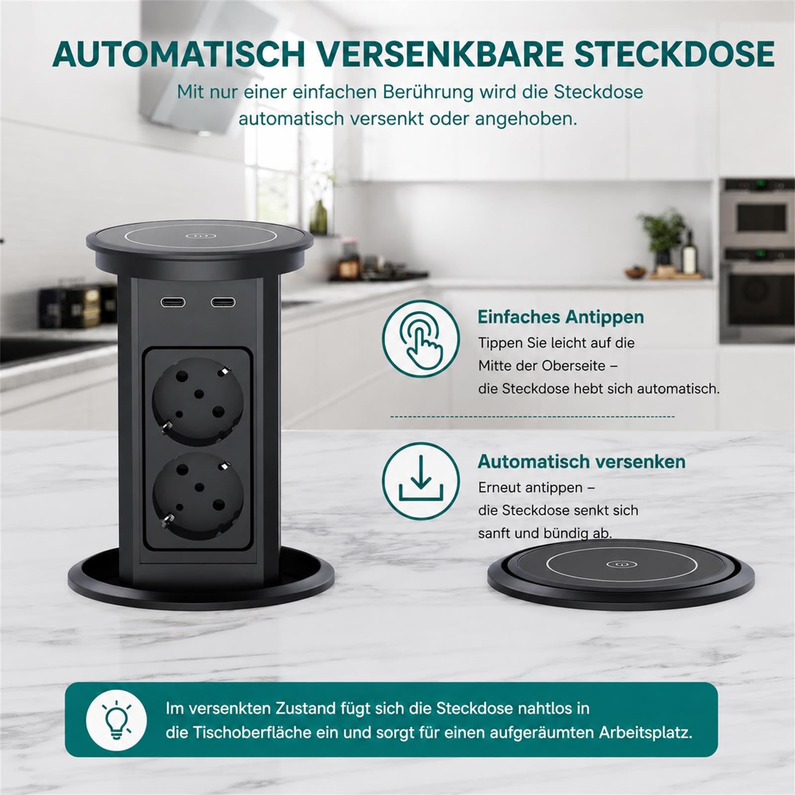 Automatisch Versenkbare Steckdose, Dinolink Tischsteckdose mit 4 Steckdosen, 4 USB Ports, 10W Wireless Charging | Einbausteckdose Versenkbar für Küche, Büro | 1,8m Kabel | Ø100mm