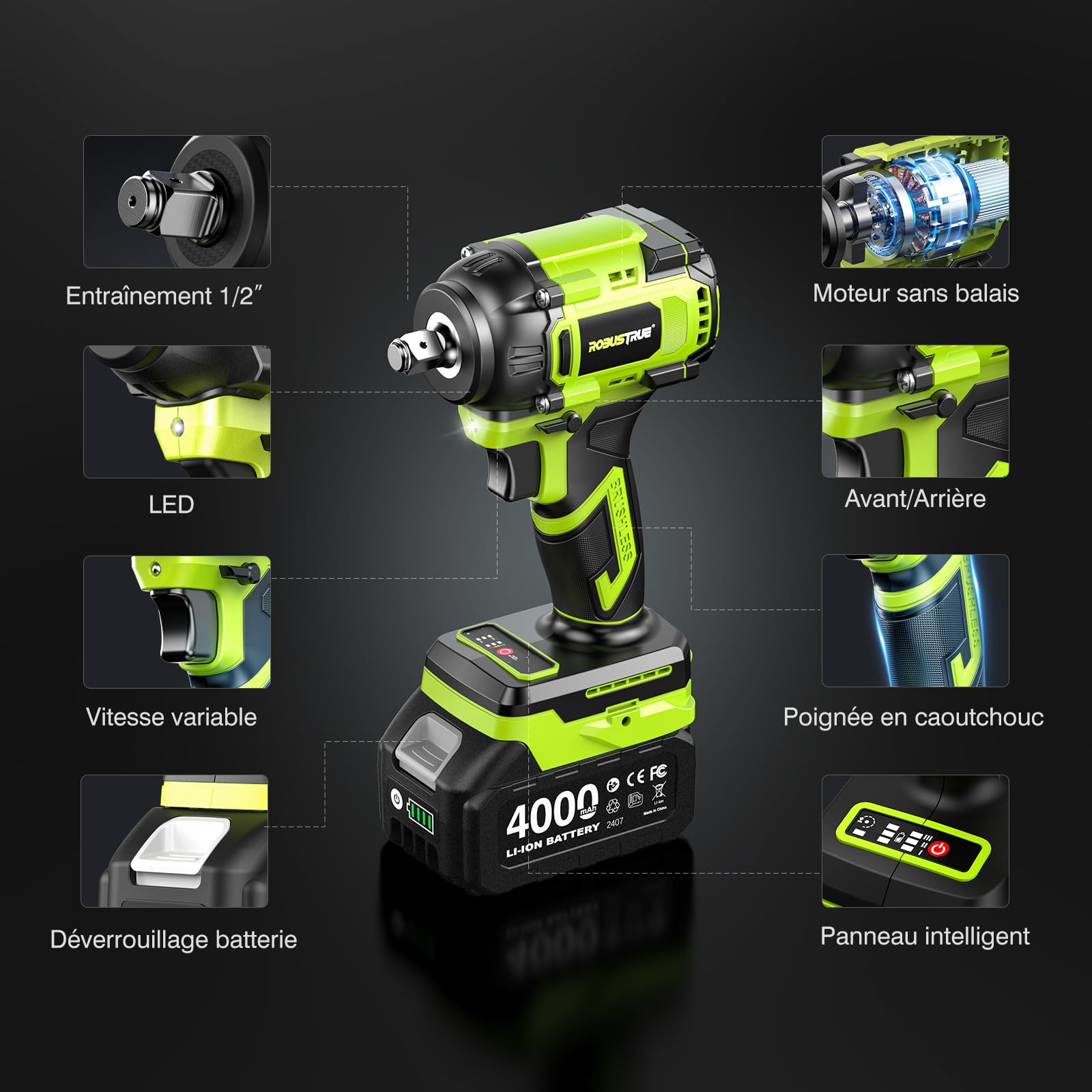 Robustrue 800 N·m clé à choc sans fil 1/2", moteur sans balais à couple élevé, vitesse jusqu’à 2800 tr/min, 2 batteries 4,0Ah avec chargeur, 4 douilles, idéale pour voiture et usage domestique