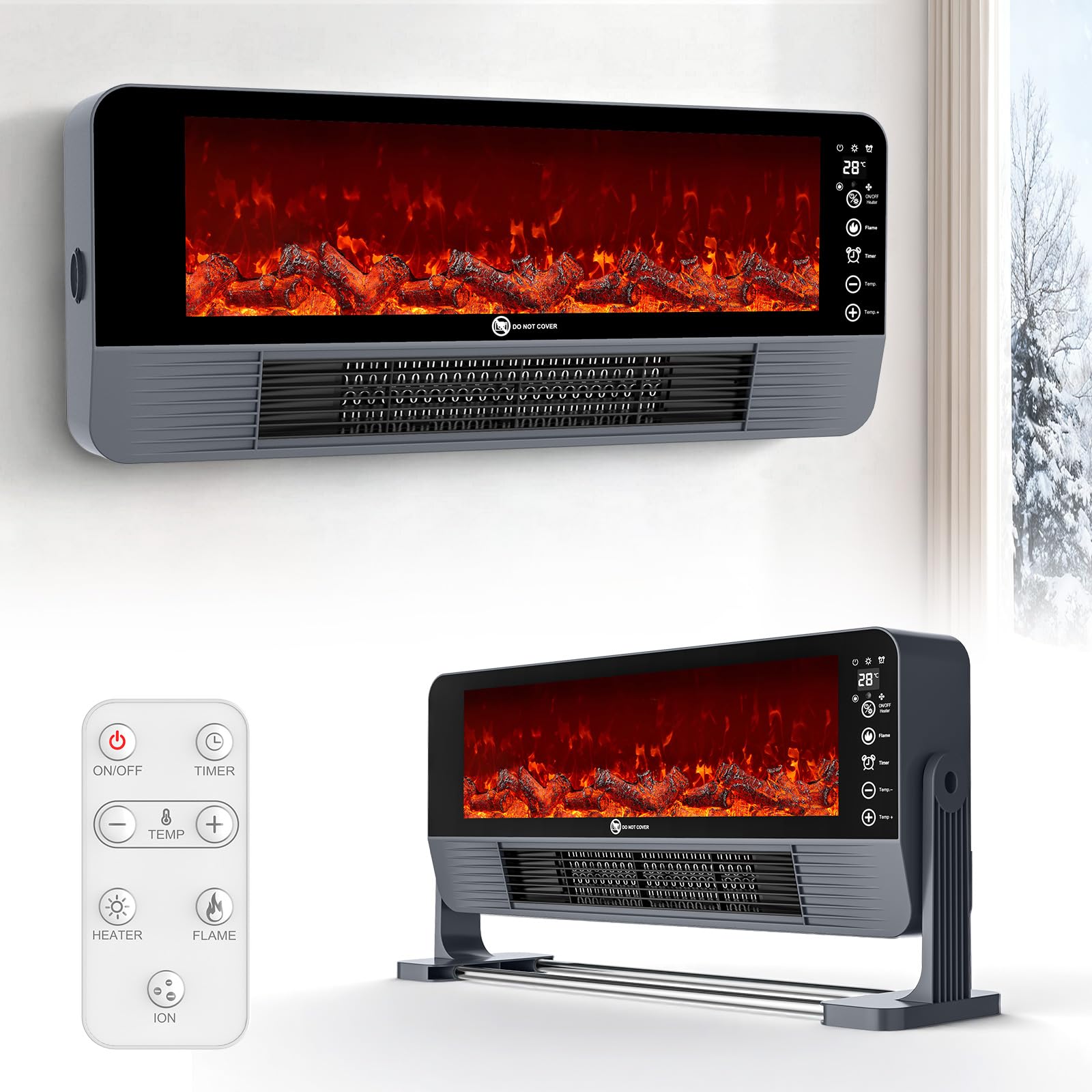Chauffage d'appoint, Chauffage 2000W avec Céramique PTC, Effet Flamme 3D, Installation Murale/Sol, Télécommande, 3 Modes, Sécurité Anti-Chute & Surchauffe, Minuterie 12H, pour Bureau, Salon, Chambre