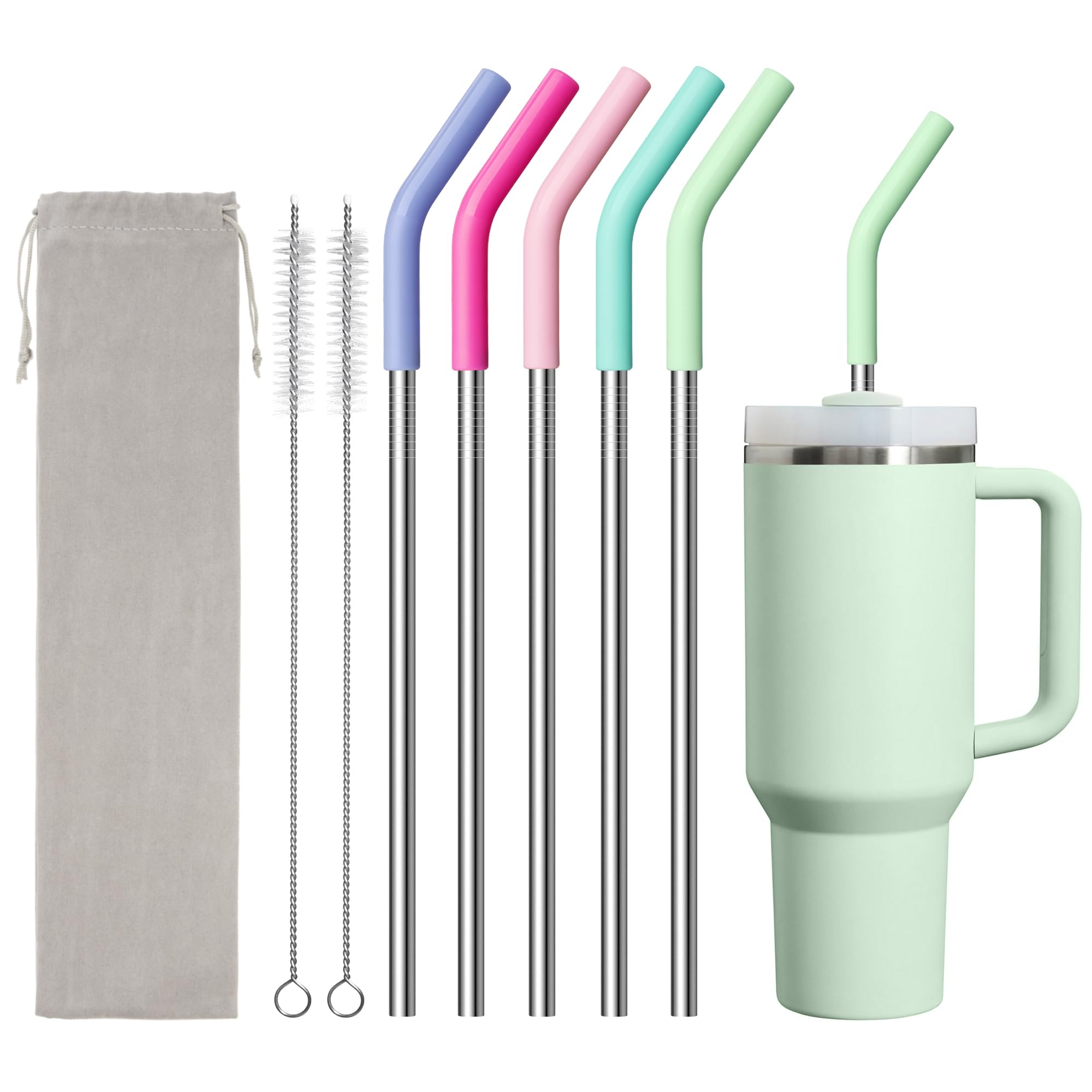 12" Long Metal Straw for Stanley 40oz Cup, Reusable Straw with Silicone Tip