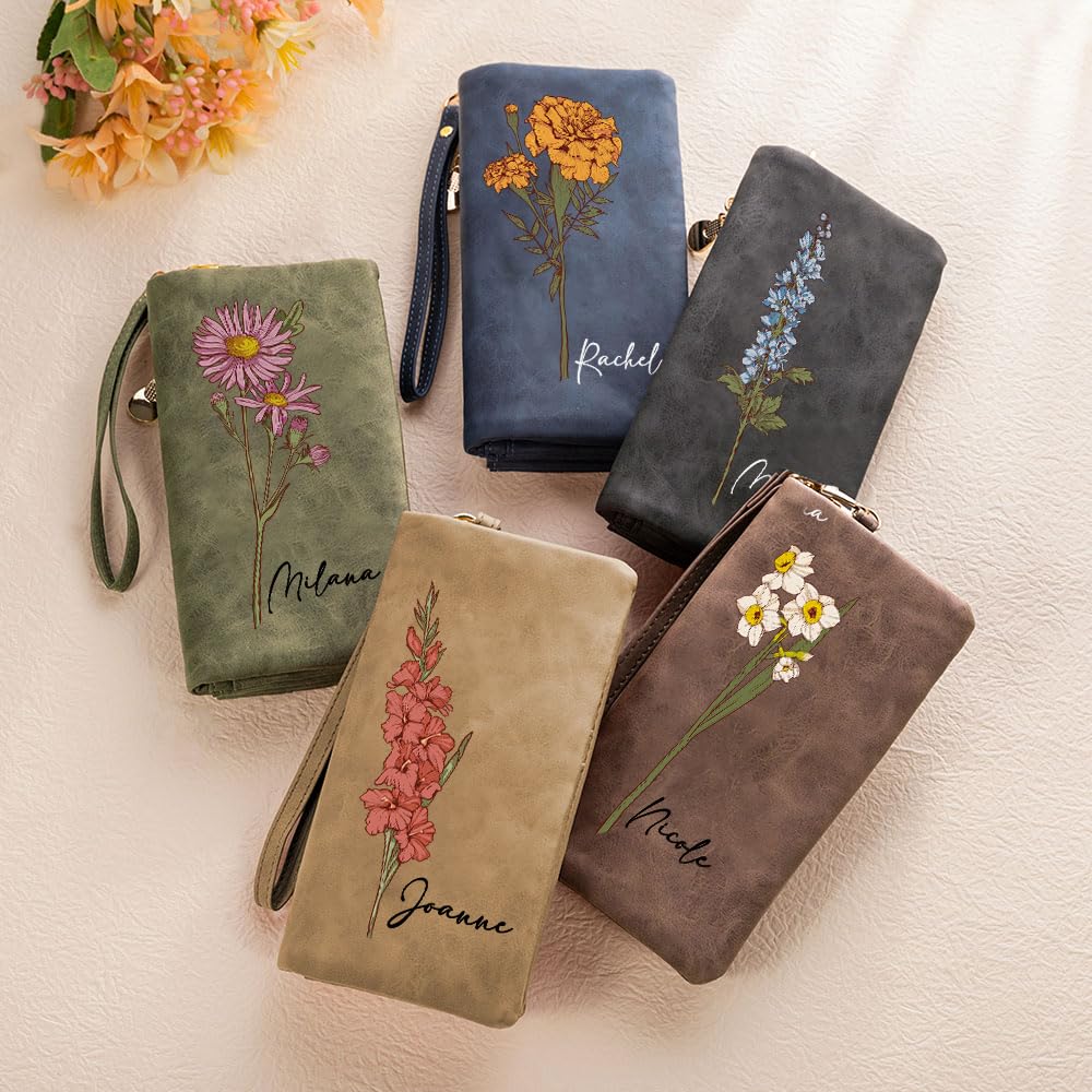 Monedero de cuero personalizado para mujer, con nombre personalizado, flor natal en acuarela, triple compartimento, correa para la muñeca, bolsillo largo para el móvil, ideal para mamá,esposa o abuela
