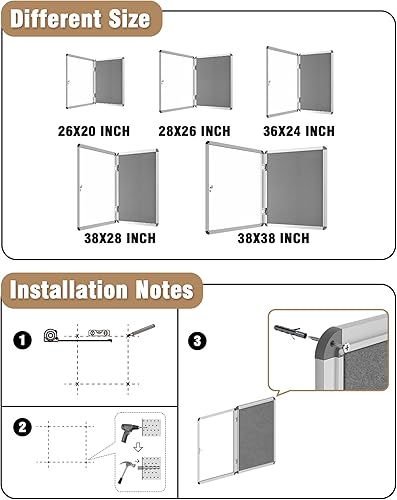 Miniatura 4 de Tablero de anuncios de corcho cerrado de 26 x 20 pulgadas, tablero de anuncios seguro montado en la pared con bloqueo, marco de aluminio plateado,