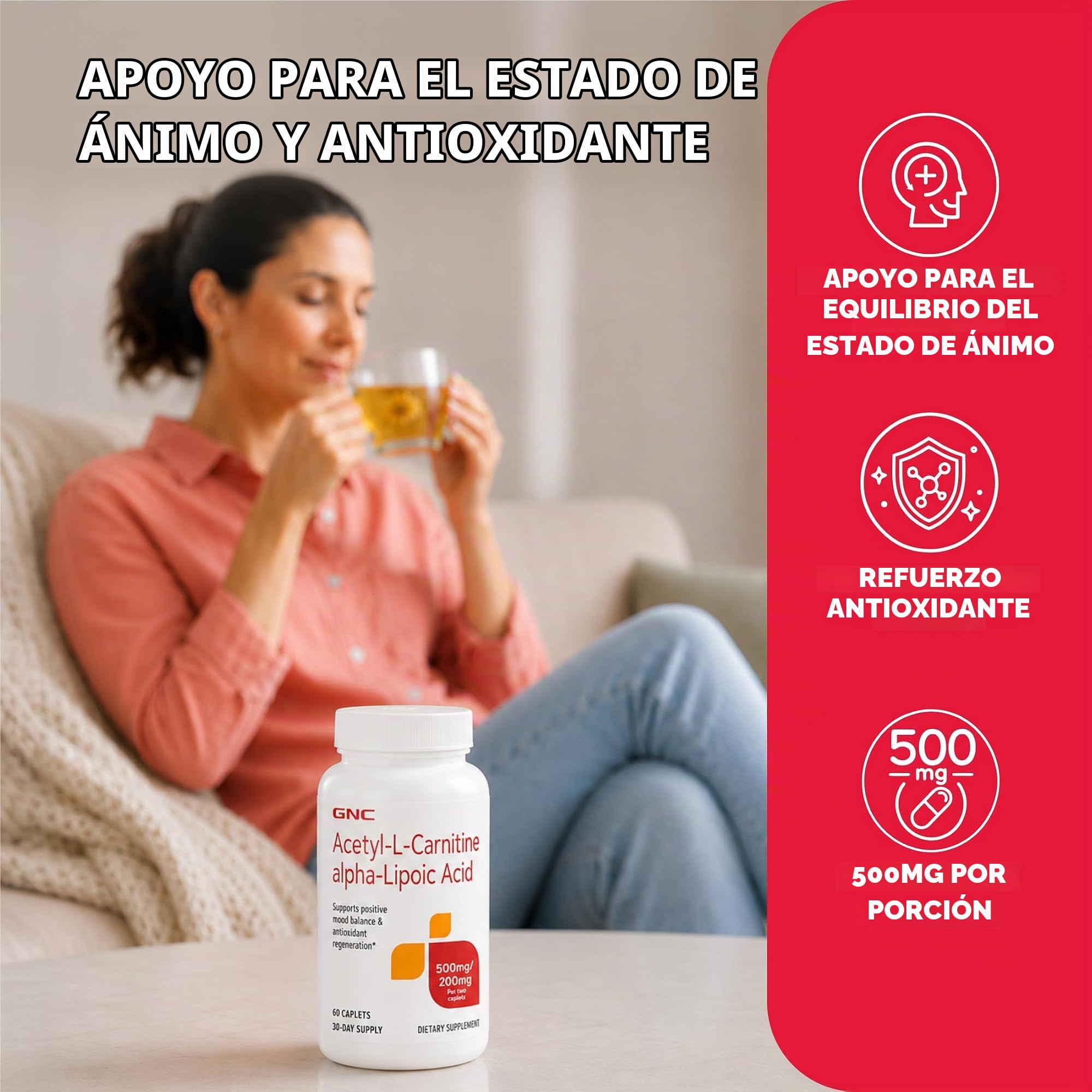 GNC Acetil-L-carnitina ácido alfa-lipoico 500 mg, equilibrio del estado de
