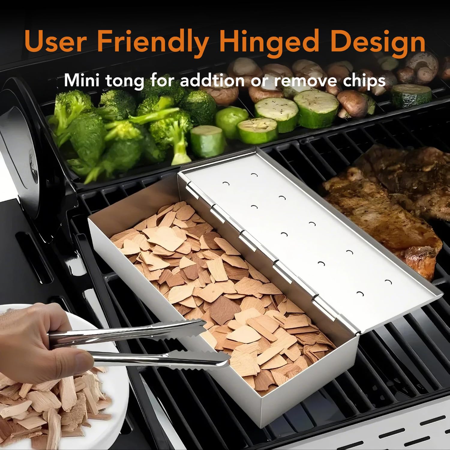Caja de ahumador de acero inoxidable para parrilla de gas, caja de humo de barbacoa resistente con tapa con bisagras, sabor ahumado mejorado para pollo, carne de res, cerdo 3