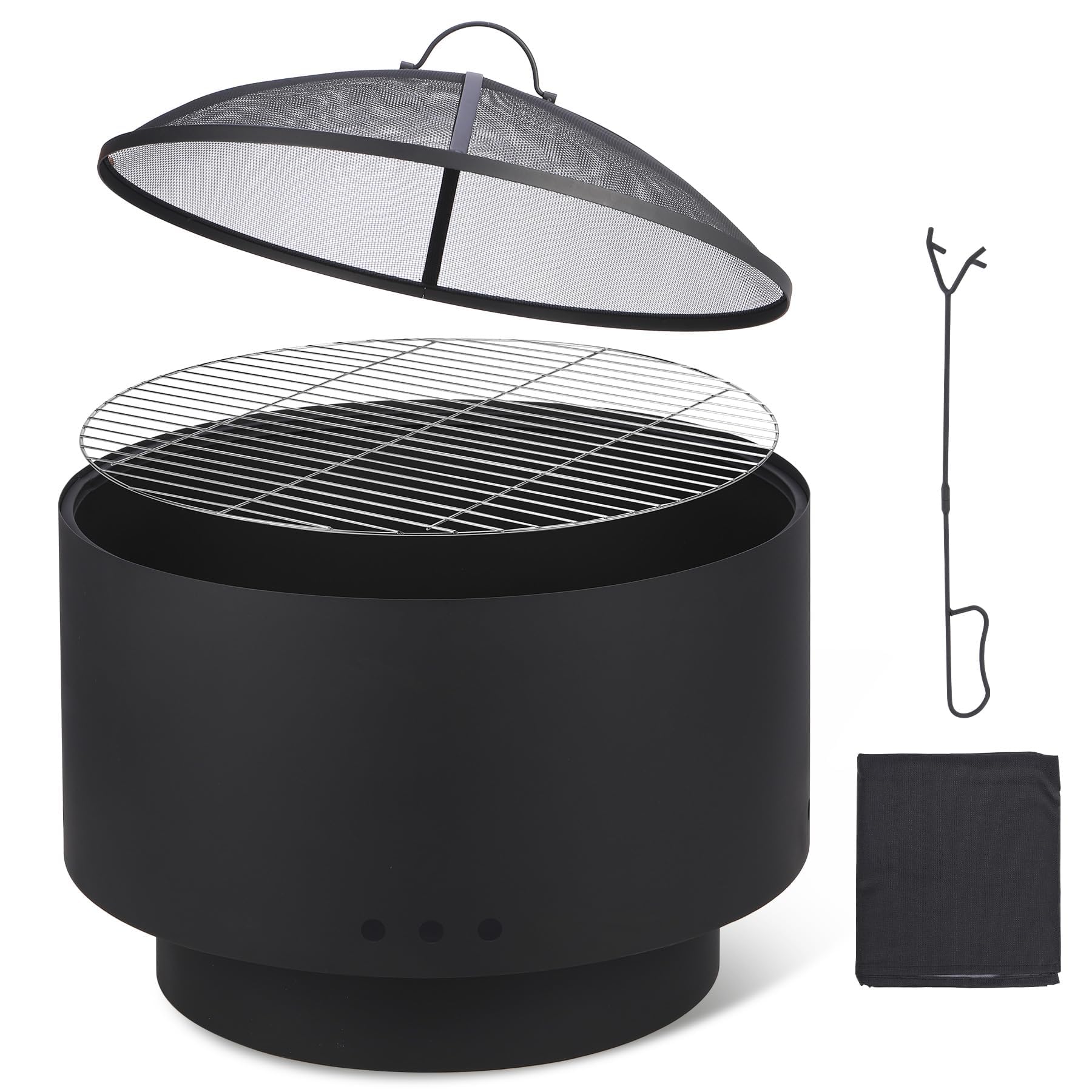 Feuerschale mit Grillrost, Ø60cm Feuerkorb mit Funkenschutz, Groß Feuertonne für den Garten mit Schürhaken & Tragetasche, Solide Holz & Kohle Feuerstelle inkl. für Outdoor BBQ Heizung 66x66x60cm