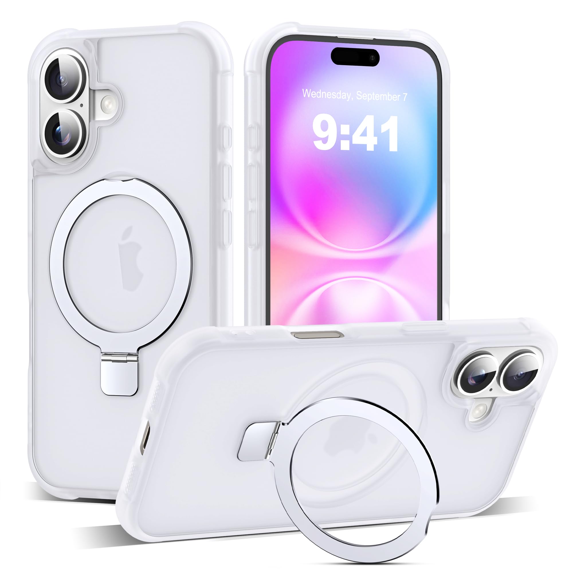 SKYLMW Compatible with iPhone 16 Case with Invisible Magnetic O-Ring Stand Military-Grade Phone Case for iPhone 16 6.1" [Compatible with Mag-Safe][Great Grip Feeling],Translucent