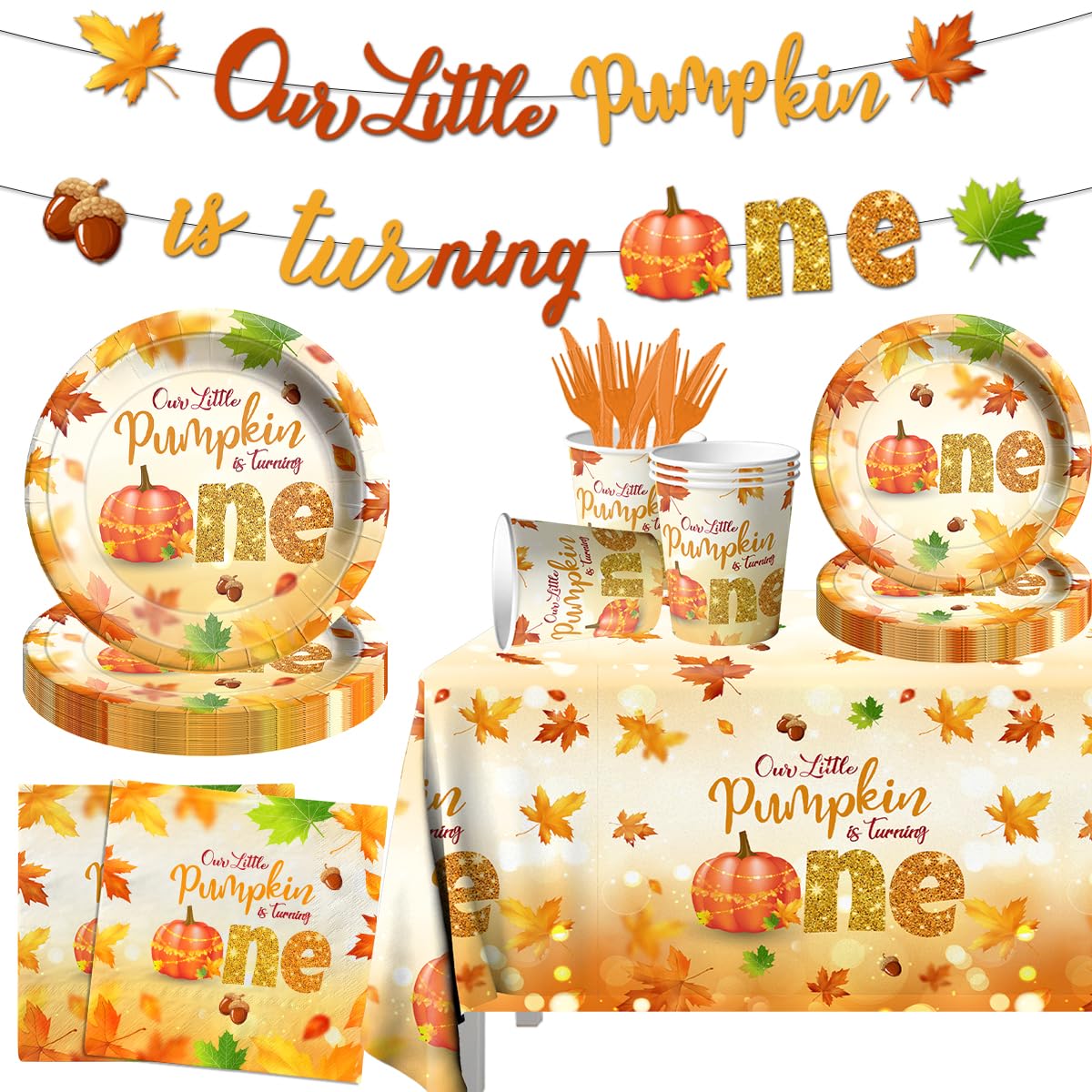Our Little Pumpkin is Turning One Decorations,143Pcs Little Pumpkin 1st Birthday Tableware Maple Leaf Fall Baby Shower Plates and Napkins for Thanksgiving Pumpkin First birthday Supplies