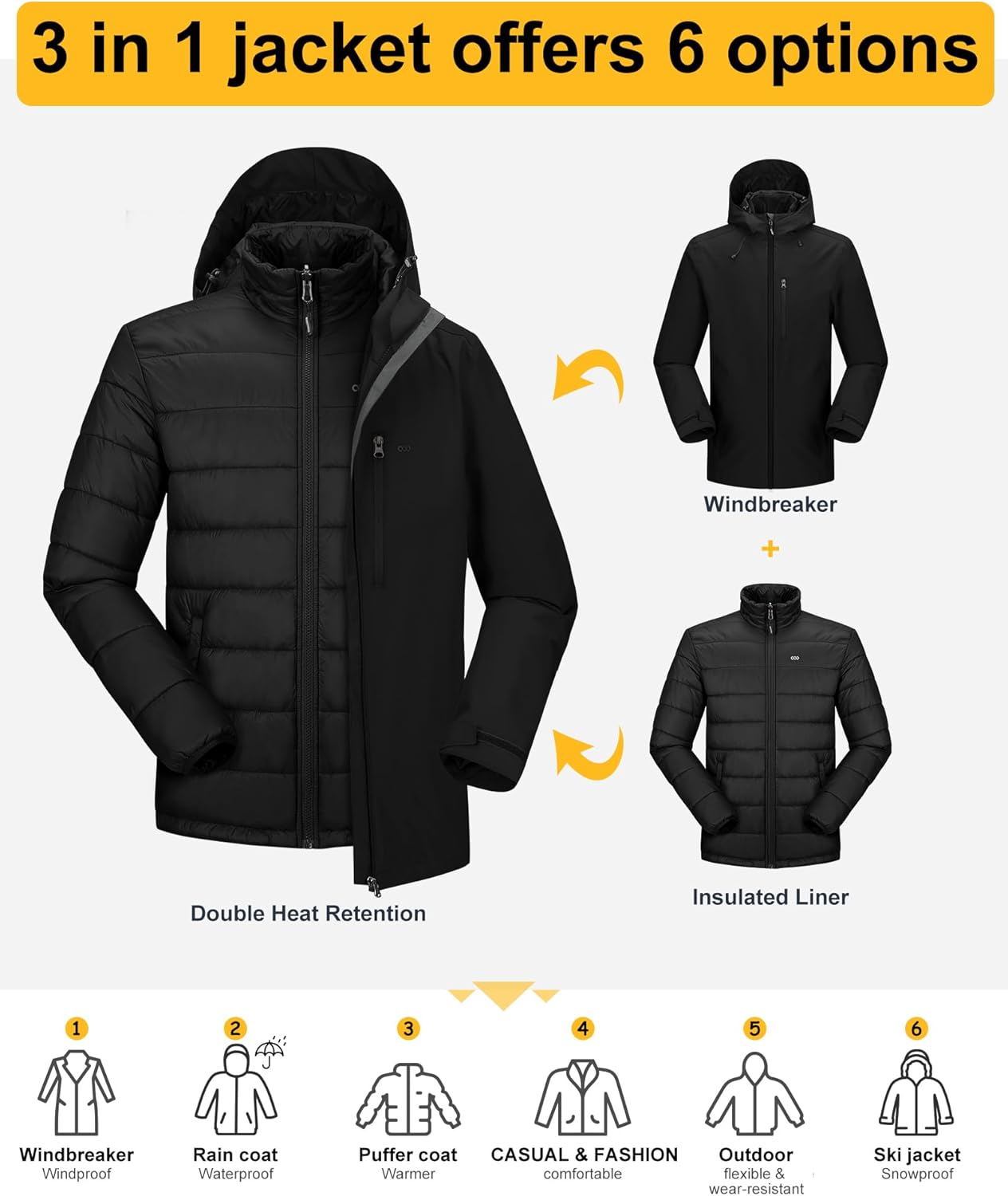 33,000ft Men's Waterproof 3-in-1 Ski Jacket, Warm Mountain Windbreaker Snow Rain Jackets Winter Coat with Puffer Jacket - Image 3