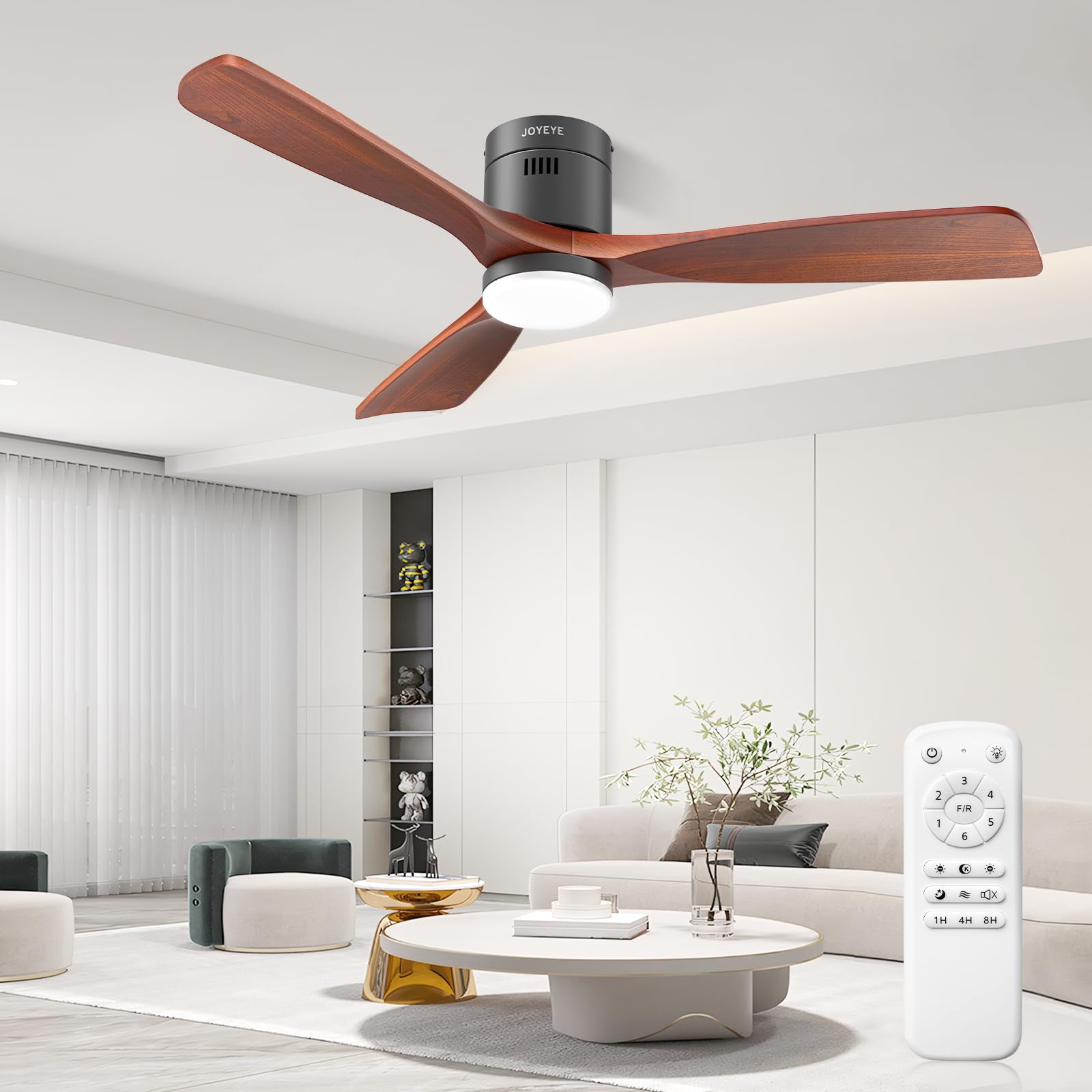 52 inch ceiling fans with lights and remote, solid wood 3 blade modern ceiling fan, quiet dc motor, 6 speeds, dimmable led, timer, indoor & covered outdoor living room, bedroom, patio (darkwalnut)