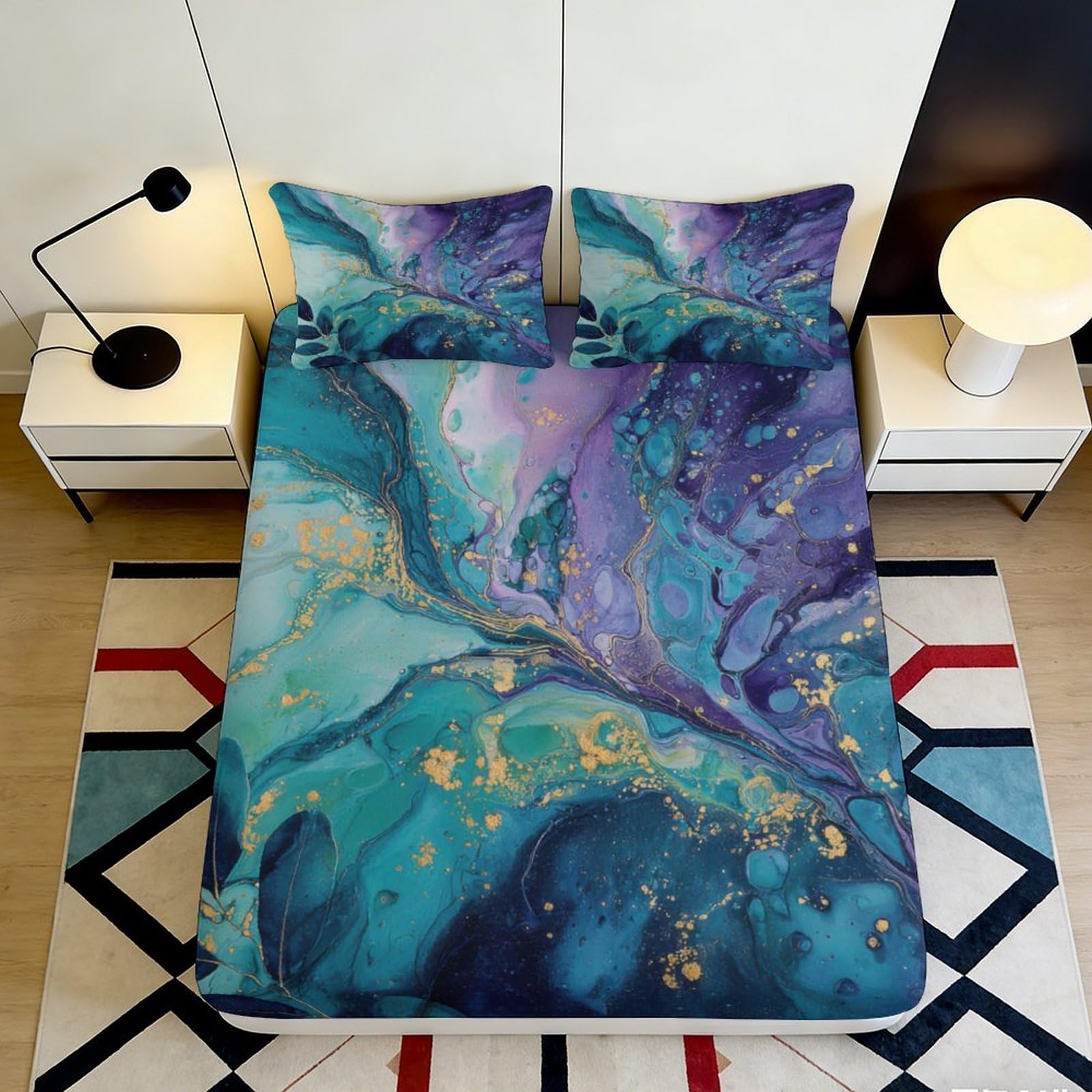 3D Printed Abstract Ocean Fitted Sheet Microfiber Artistic Blue Purple Marble Mattress Cover Bedroom Decor 120x200x25cm