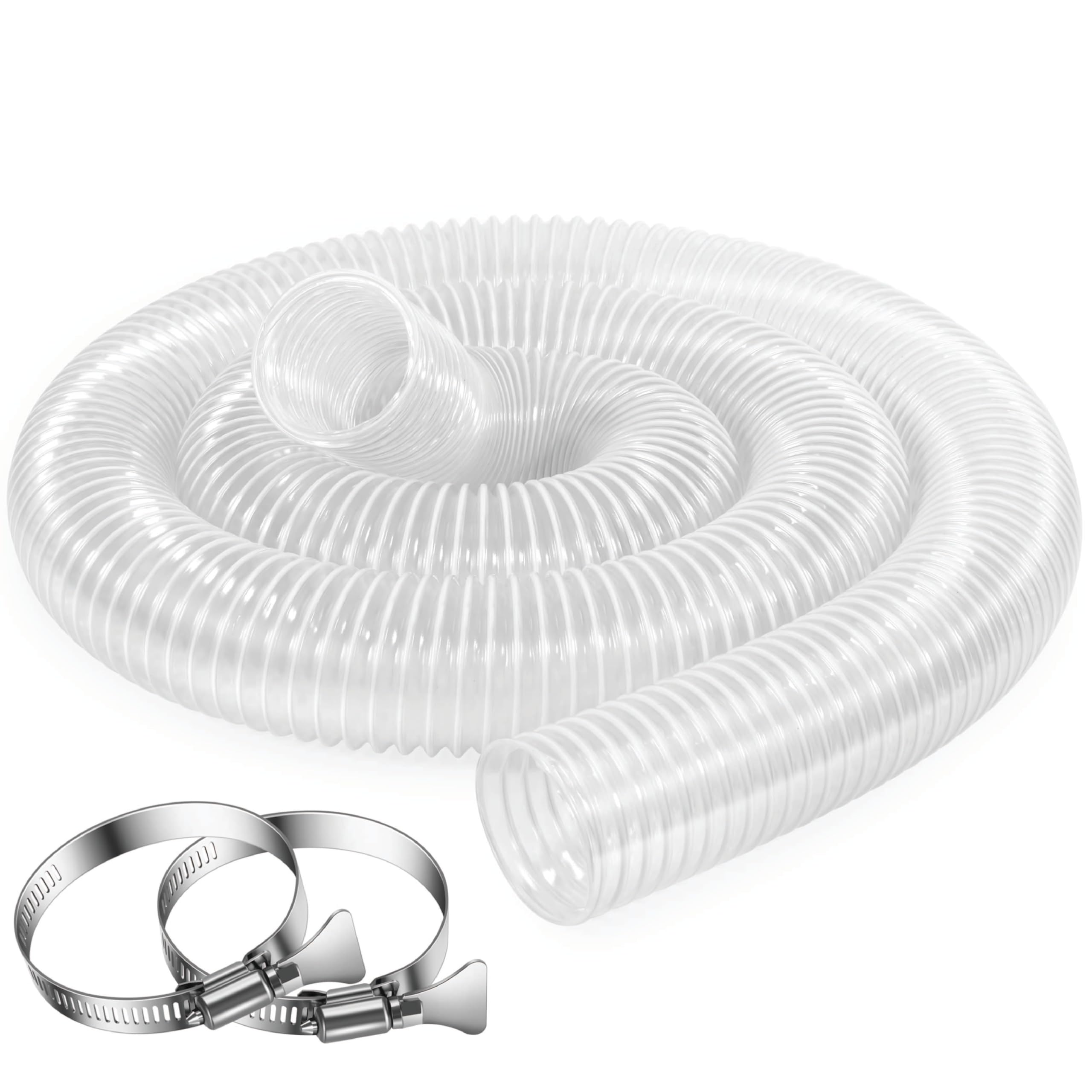 2.5 Inch x 20 Feet Dust Collection Hose - Heavy Duty, Puncture Resistant, Flexible, Clear PVC Pipe for Extracting Debris, & Fumes - Coated Wire Helix Reinforced - With 2 Stainless Steel Hose Clamps