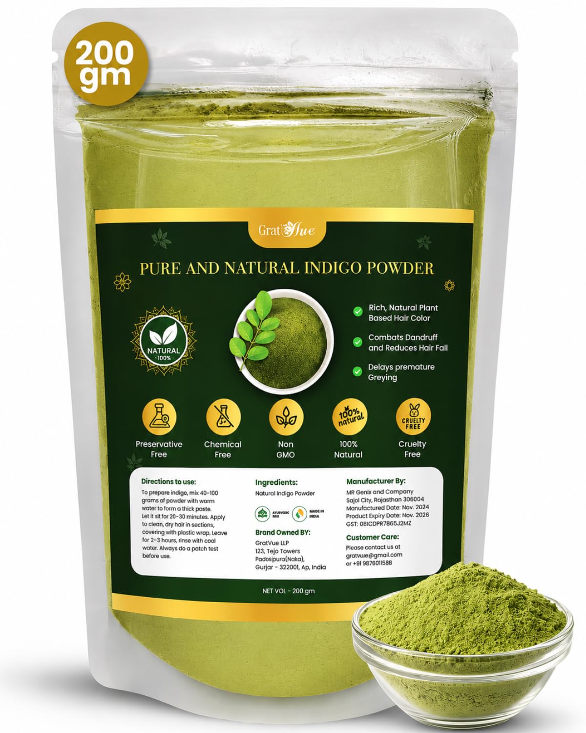 Indigo Powder Organic for Hair Black – 100% Pure, Chemical-Free Hair Color for Men & Women, Nourishes, Strengthens & Protects Hair – 200 Grams