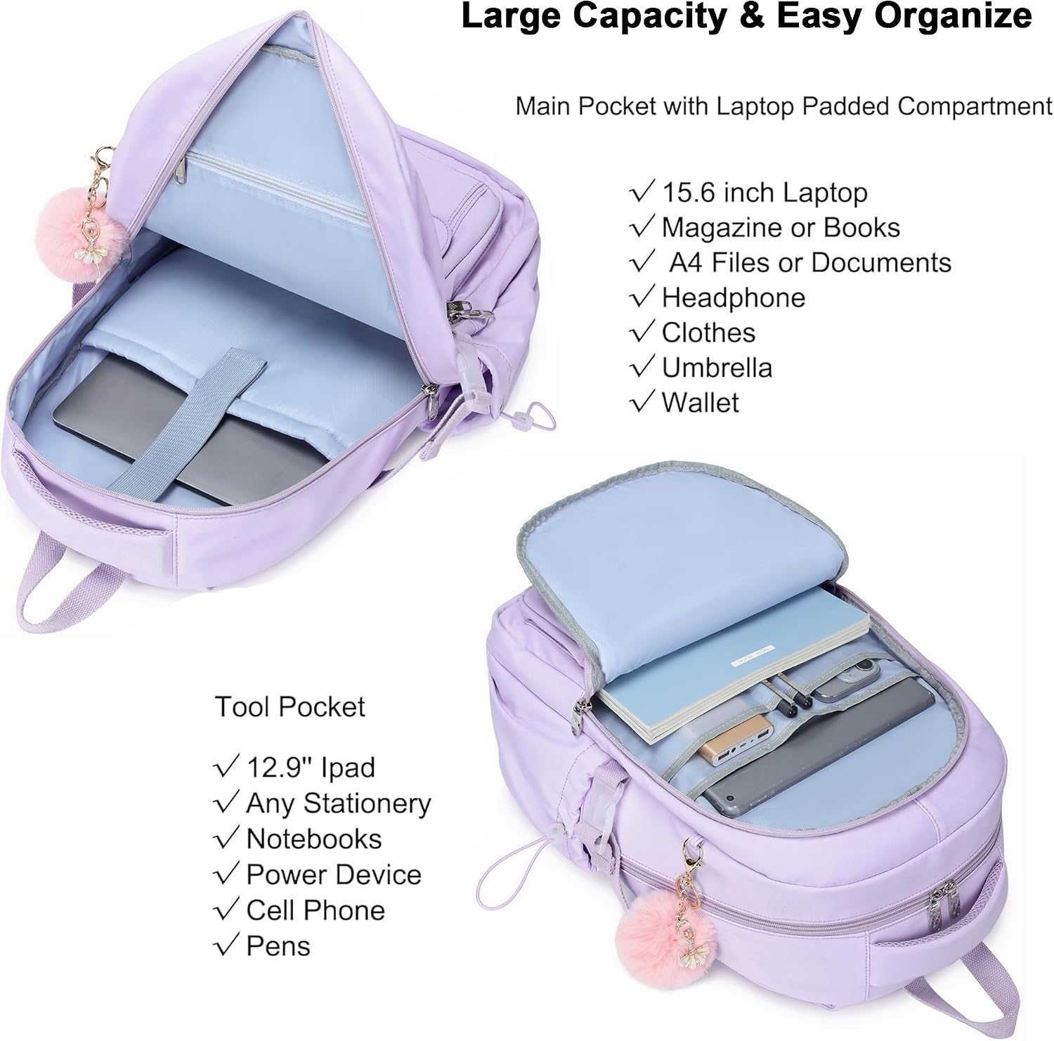 School Bag for Teens Girls,Girls Backpack Set,3 PCS Kids Backpack for Women,15.6 Inch Laptop Middle High School College Student Casual Travel Daypack with Lunch Box Pencil Pouch Set(Purple) image 2