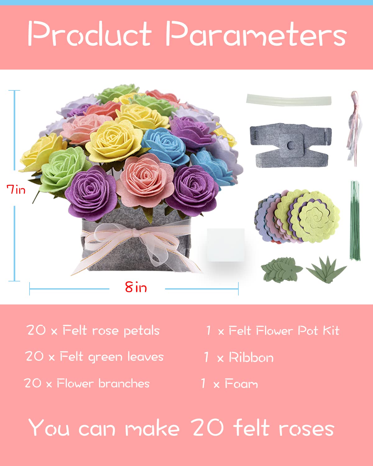DIY Felt Flower Art Craft Kit, DIY Colorful Roses Pot Bonsai Kit,20 Roses,Beginner Craft Kit,Floral Gifts,Arrange Pre-Cut Felt Flowers and Foliage - Image 3