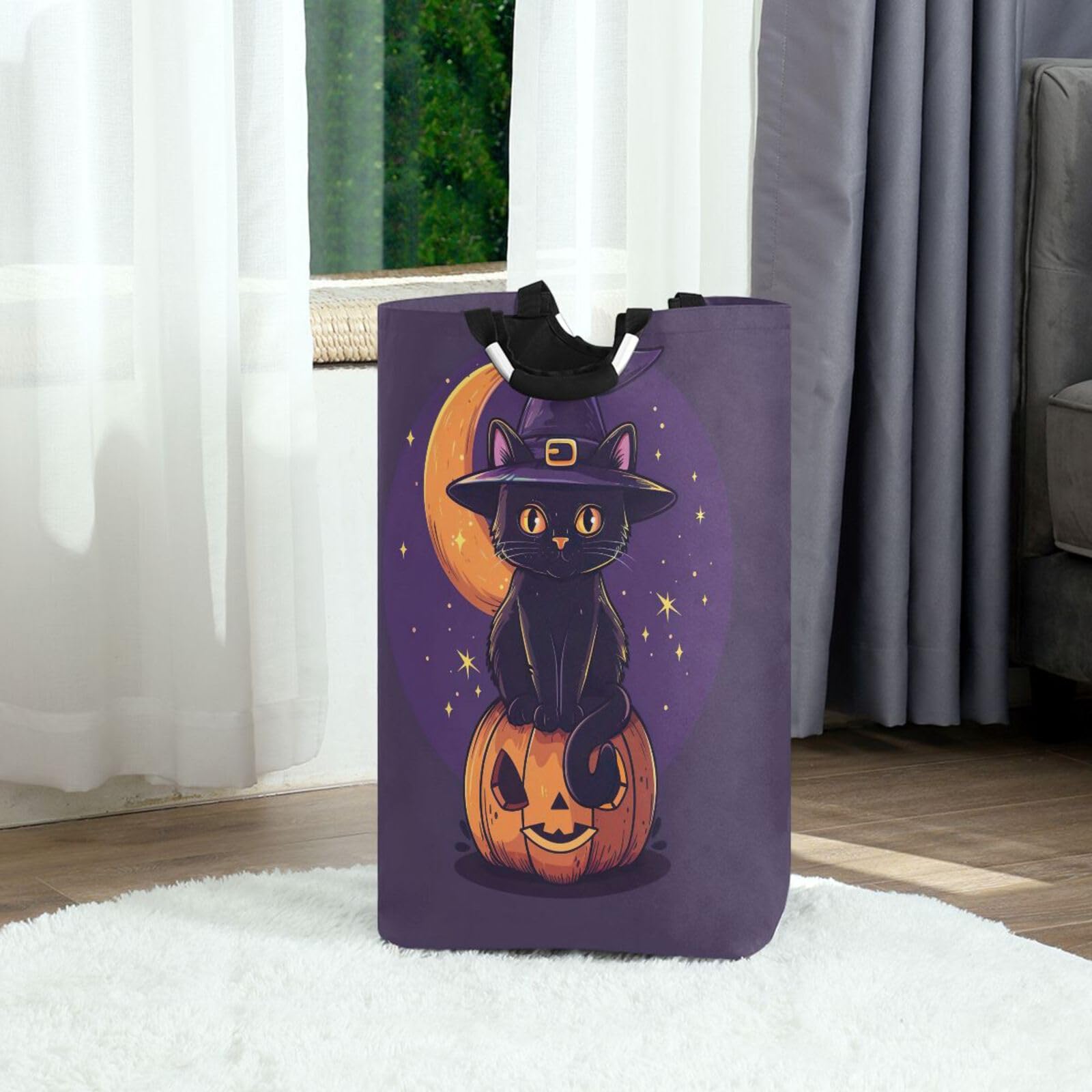 Jihqo Laundry Hamper Basket Halloween Cat Collapsible Nursery Storage Bin Waterproof Clothing Baskets for Home Bedroom Bathroom Washing Room