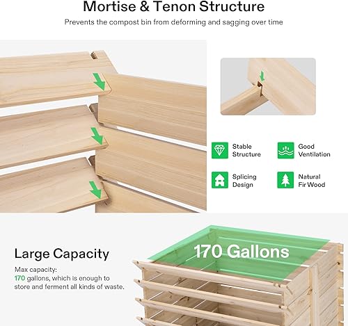 Miniatura 3 de VIVOSUN Cubo de abono de madera, puerta delantera extraíble, fácil de instalar para patio trasero, césped (negro con guantes y forro)