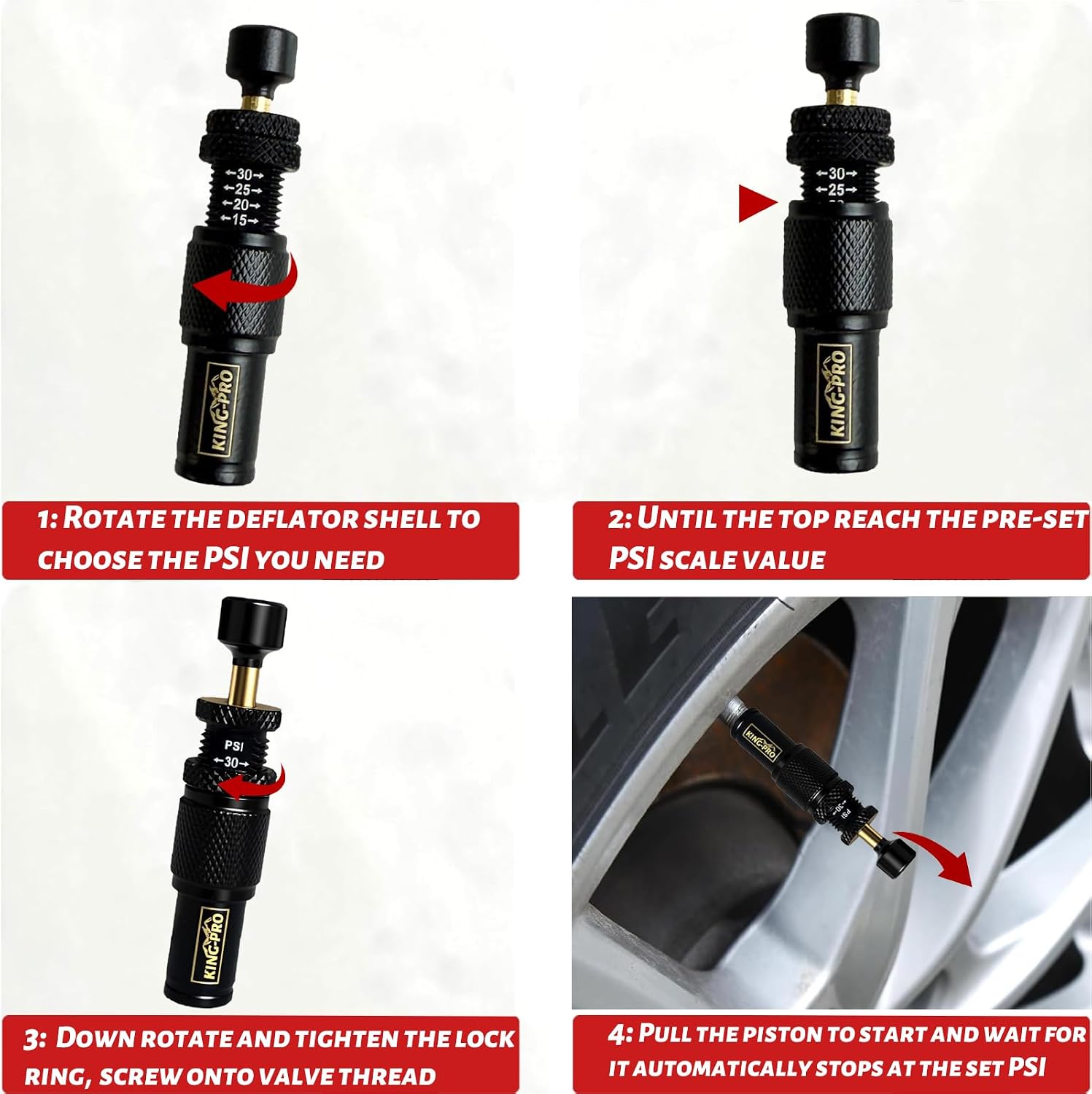 KING-PRO Adjustable Auto-Stop Tire Deflator Valve Kit, 4 PCS Screw-on Tyre Air Down Tool (10-30 PSI) for Offroad 4x4 Vehicle Accessories