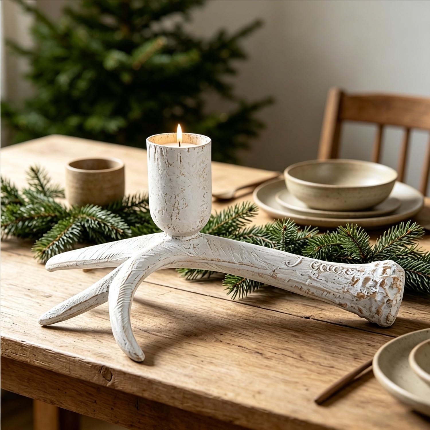 Bougeoir bois de cerf blanc pour table de Noël rustique et chaleureuse