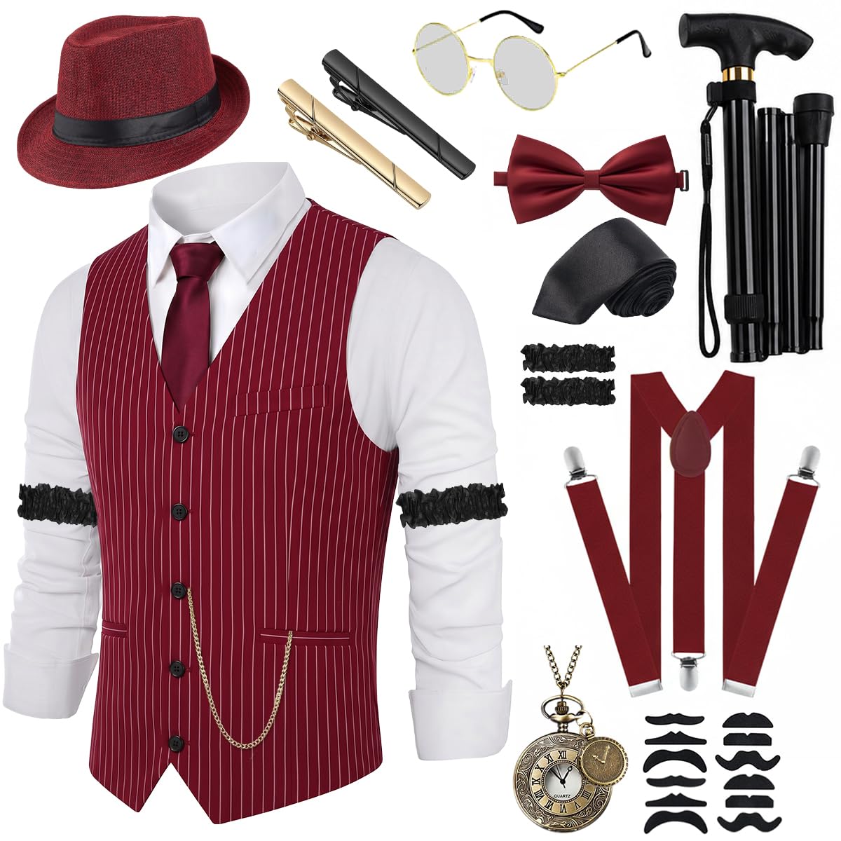 VillbeCoser 1920s Mens Costume with Roaring 20s Accessories Set
