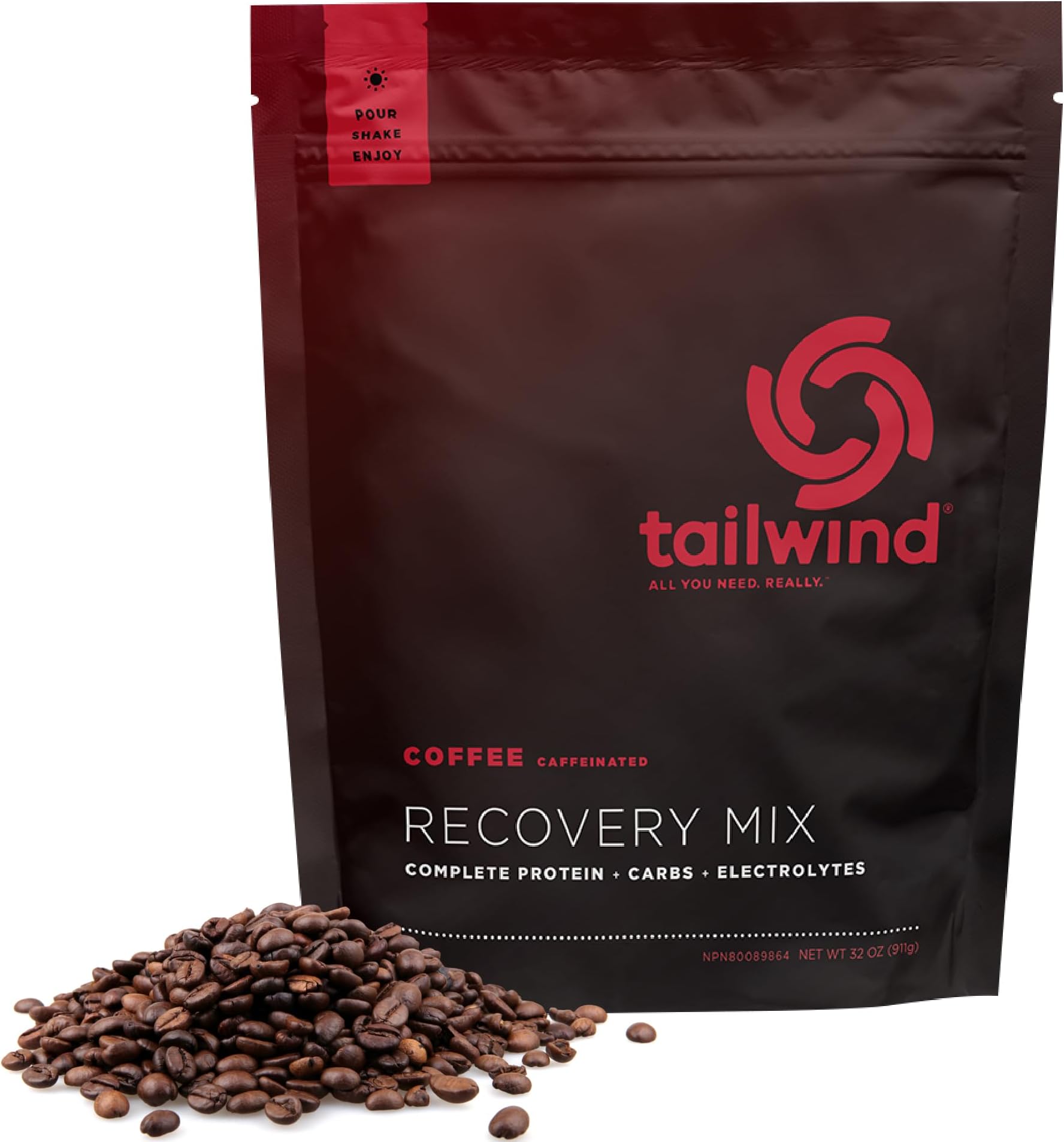 Tailwind Nutrition Recovery Mix, Complete Protein, Carbohydrates, and Electrolytes Powder Drink Mix for Post-Workout, Free of Gluten, Soy, and Dairy, Vegan, 15 Servings, Coffee