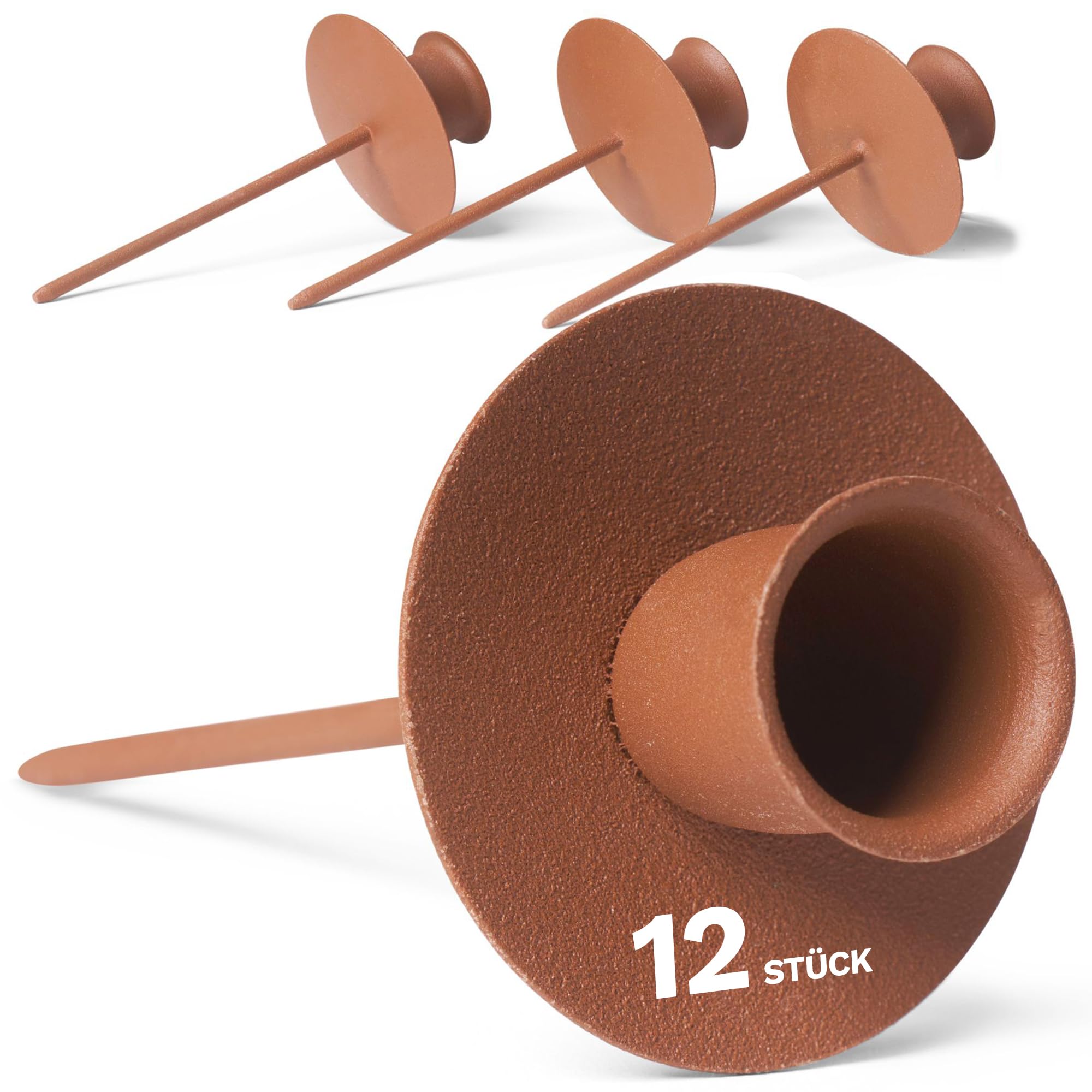 Novaliv 12x Kerzenpin Mit Teller In Rost-Optik – Kerzenhalter Für Stabkerzen Bis 22 Mm – Für Adventskränze Und Deko
