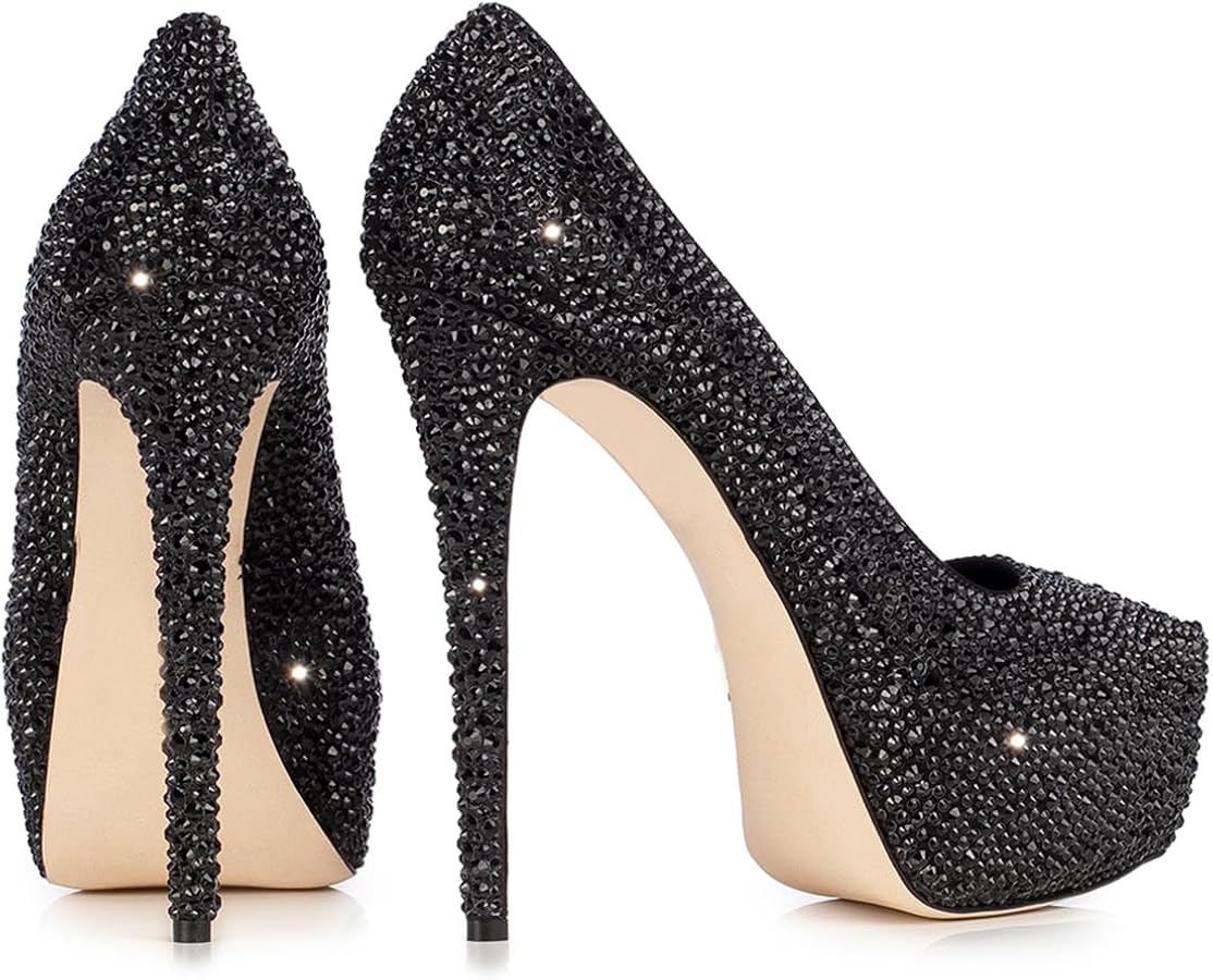 TDD Platform Heels For Women - 5 Inch Glitter Crystal Rhinestone Chunky Pumps