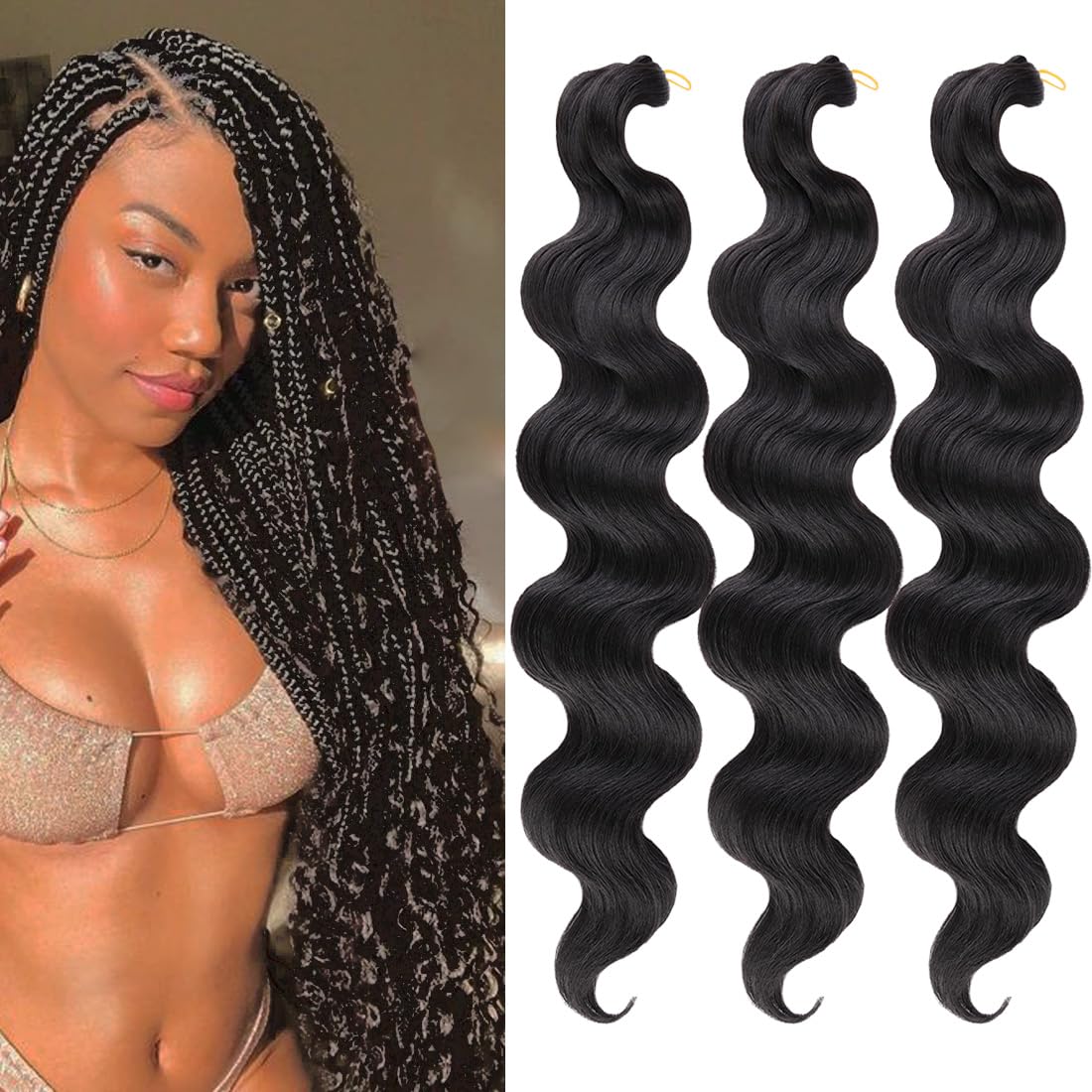 COOKOO 3 Packs 24 Inch Pre-Feathered Natural Black Body Wave Braiding Hair for Goddess Box Braids Crochet Hair French Curl Crochet Braids Synthetic Hair Extensions(1B#)