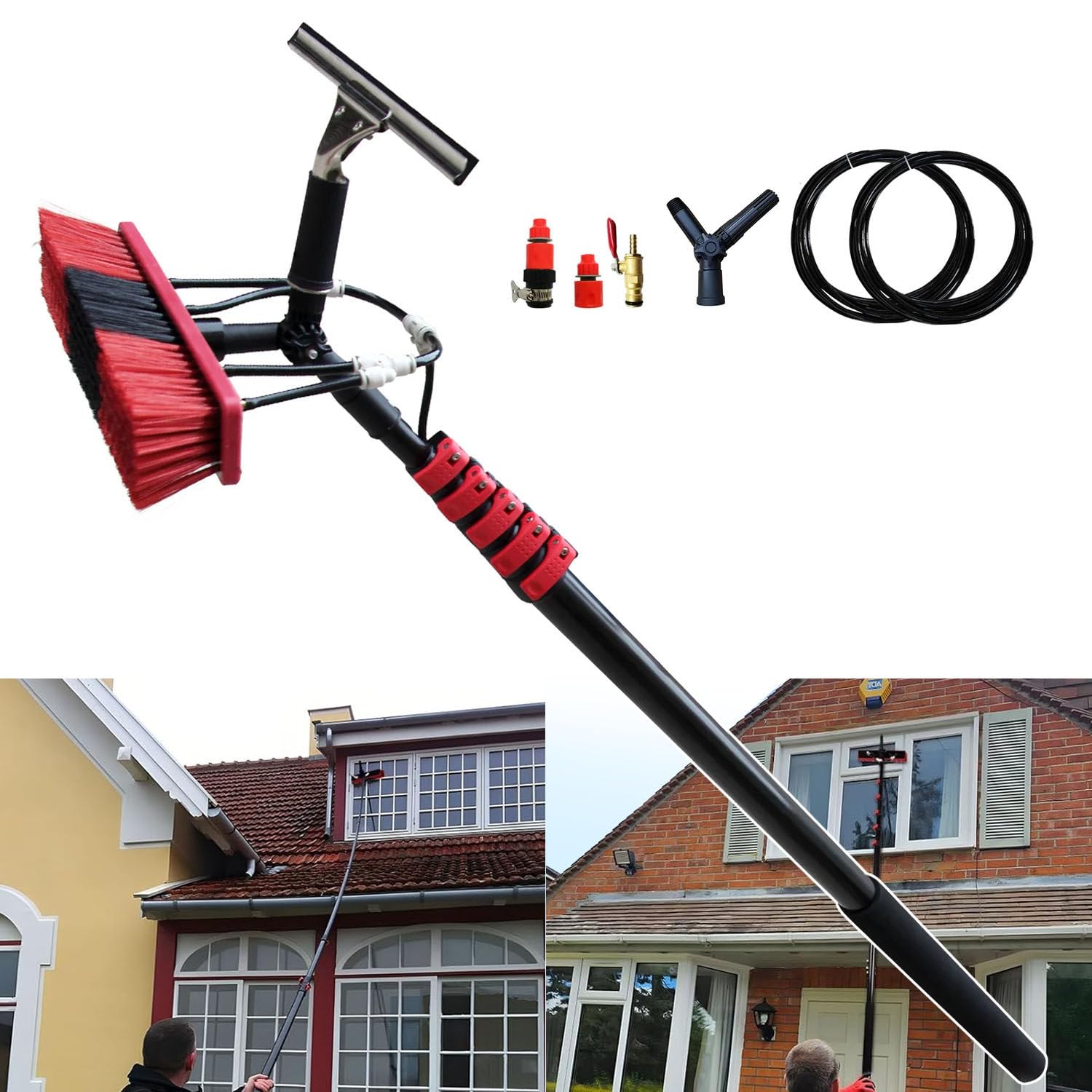 Aioneer Window Cleaning Pole, Water Fed Telescopic Brush, Extendable Window Cleaner, Solar Panel Cleaning Tool, W/Window Squeegee,10.8M/35.4Ft-3.6m/11.8ft